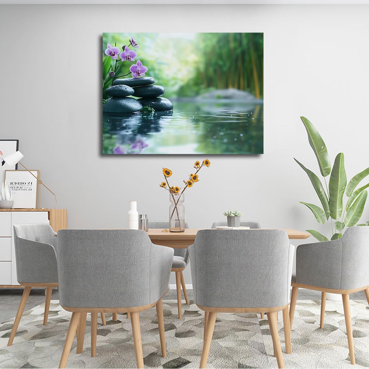 TOANGWALL Naturaleza Spa Basalto Piedras Orquídea Lienzo Arte Pared Baño Verde Púrpura Bambú Agua Escena Impresiones para Salón Hotel Decoración 85x100cm