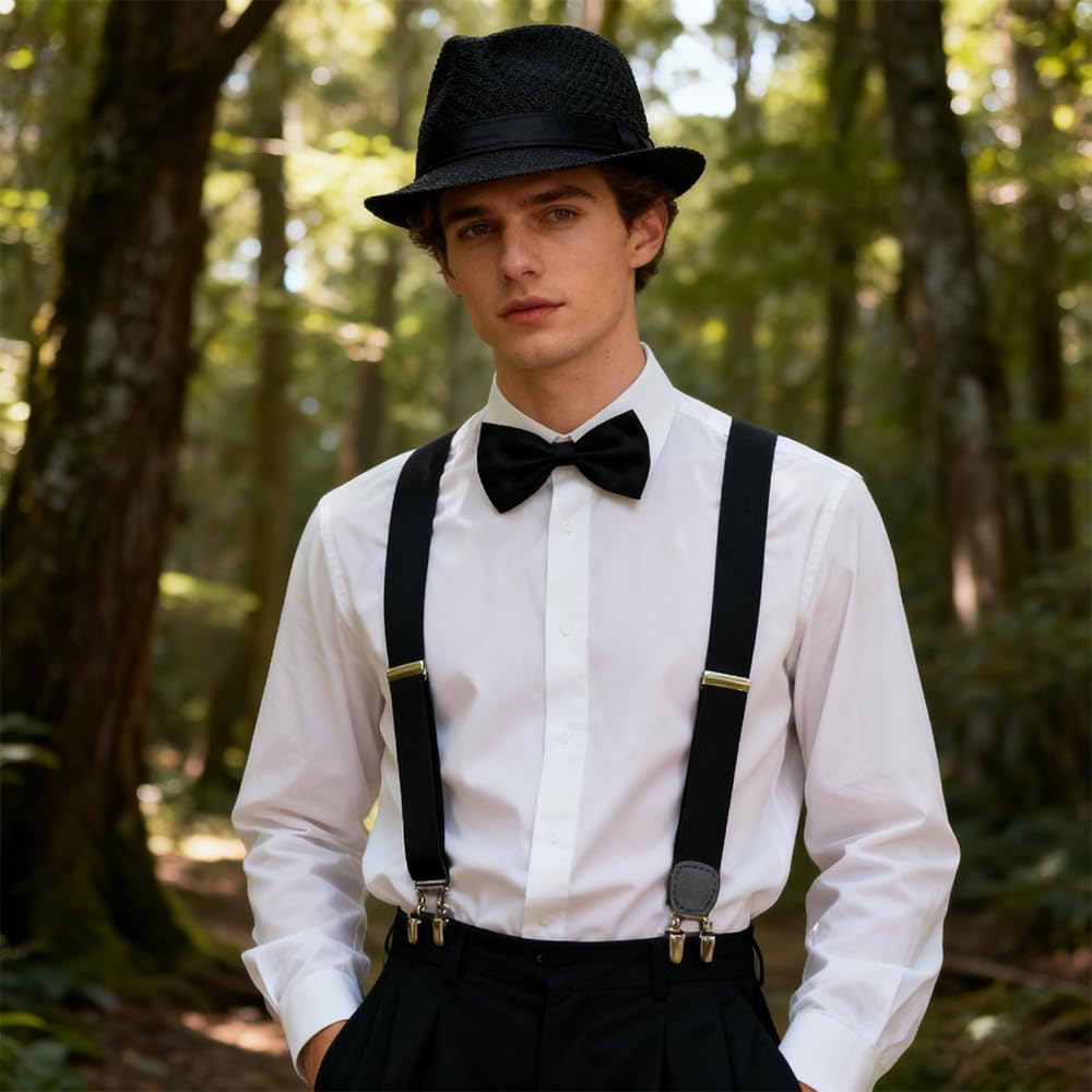 3 Packs 1920s Mens Costume Accessories Gangster Fedora Hat Bow Tie Y-Back Suspenders for Halloween Christmas Carnival Party, Black