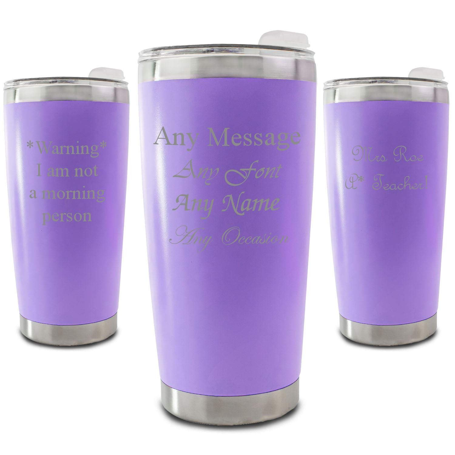 Personalisierter, gravierter, violetter 500-ml-Reisebecher, personalisierbar mit jeder Nachricht, Auswahl aus verschiedenen Schriftarten, inklusive Geschenkbox, Lasergravur
