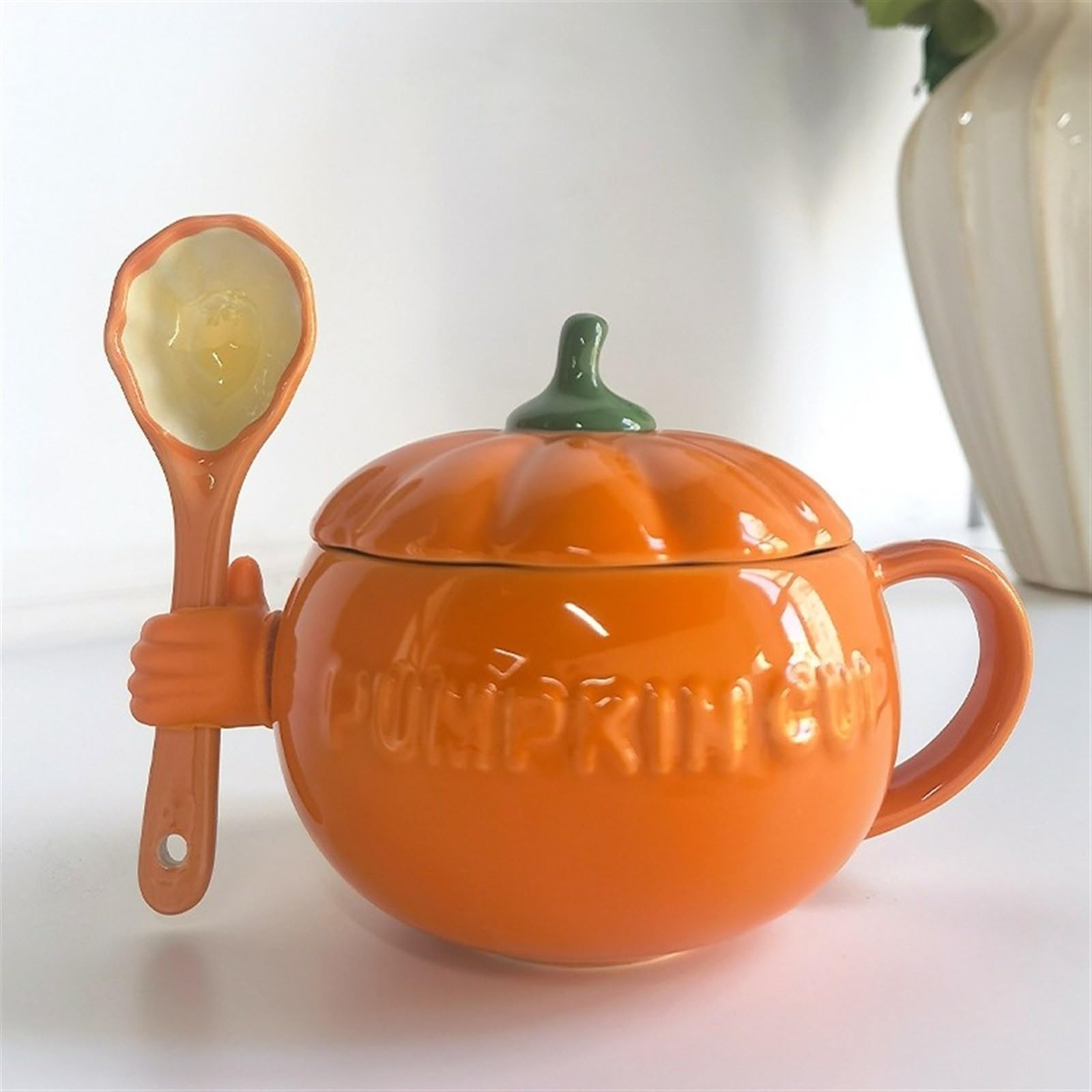 HEXEH Becher Tassen Kreative süße Kürbis Tasse Wasser Tasse Keramik Trinkbecher mit Deckel Löffel Kaffee-Trinkbecher (Color : A)