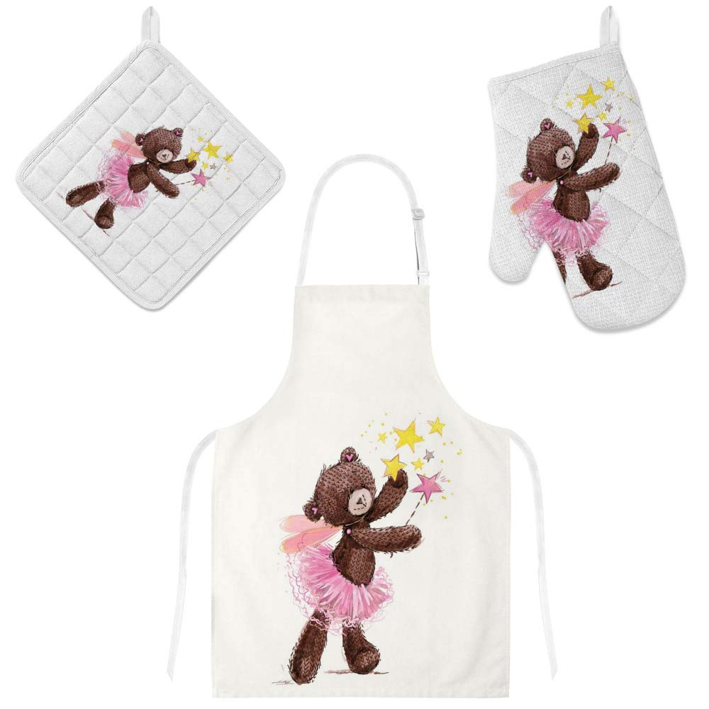 Tablier de cuisine ours en peluche aquarelle avec gants de four et maniques