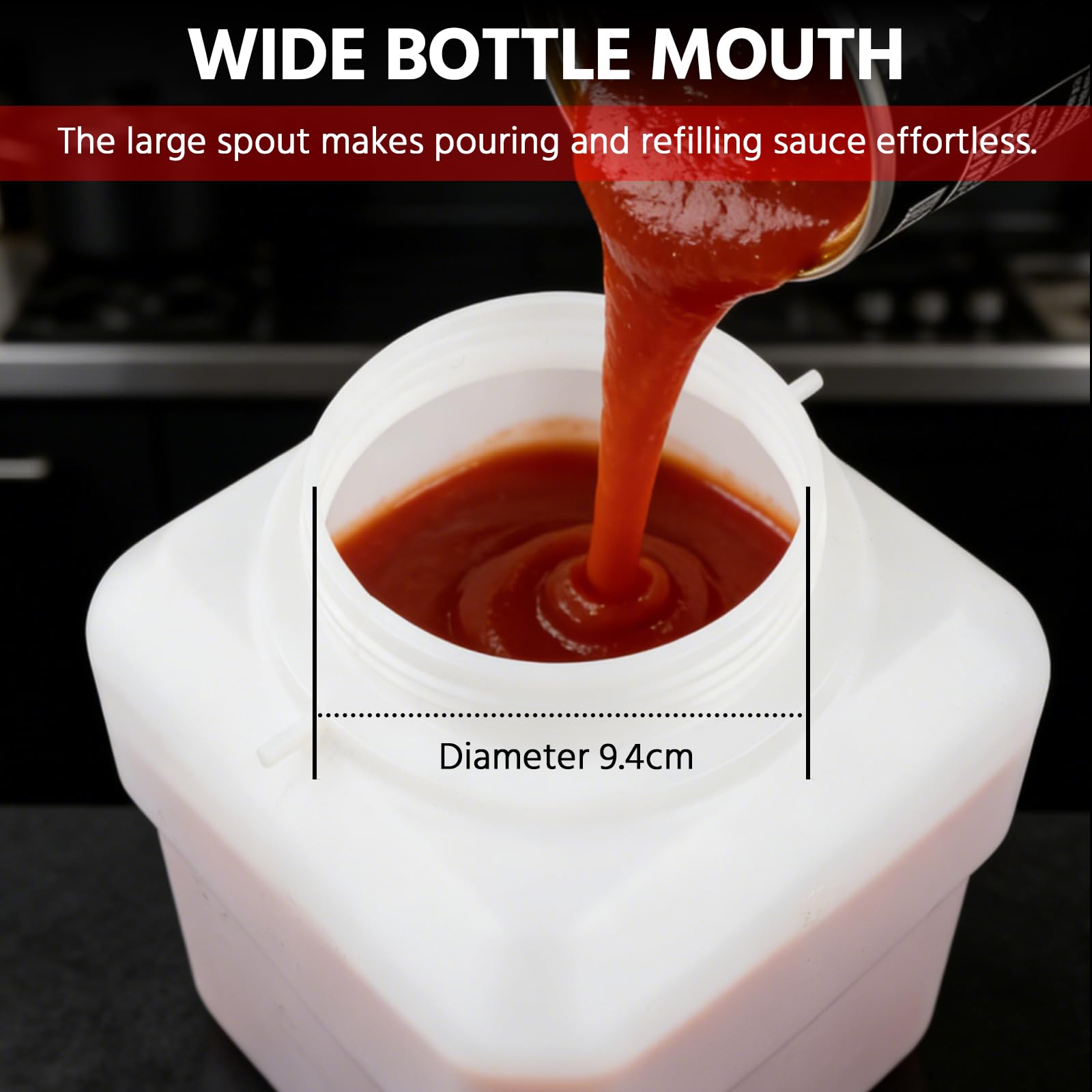 Distributore di Salse Sospeso, Bottiglia da 5,5L con 5 Opzioni di Erogazione Regolabili, Grande Bottiglia Squeeze per Ketchup, Senape, Marmellata, Distributore di Salse per Ristoranti, Chioschi e Bar