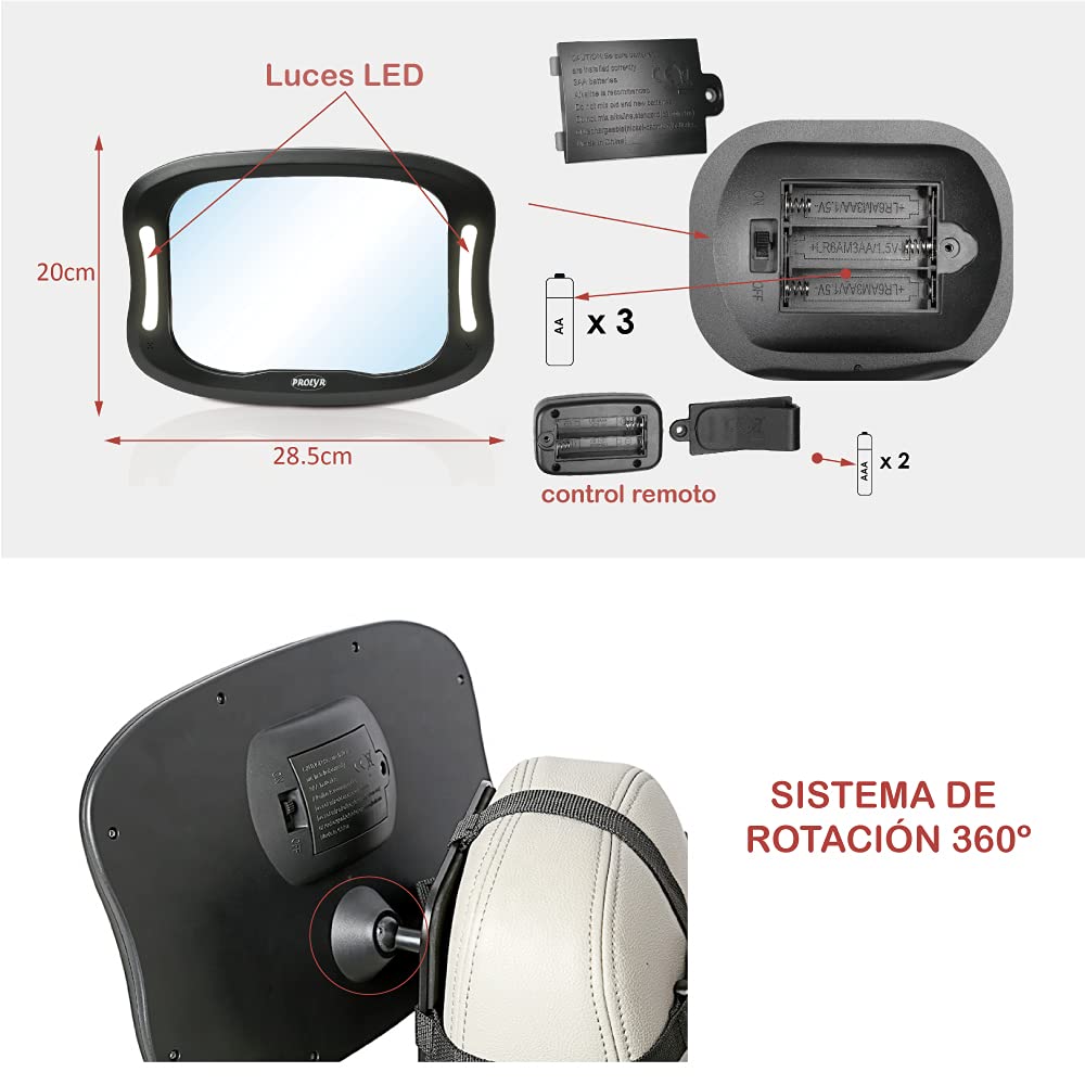 Espejo retrovisor coche bebé LED - Espejo asiento trasero coche para bebé, Luz LED, Seguro, Irrompible, Mando a distancia, Instalación rápida, Universal, Rotación 360°, Nuevo diseño (Negro)