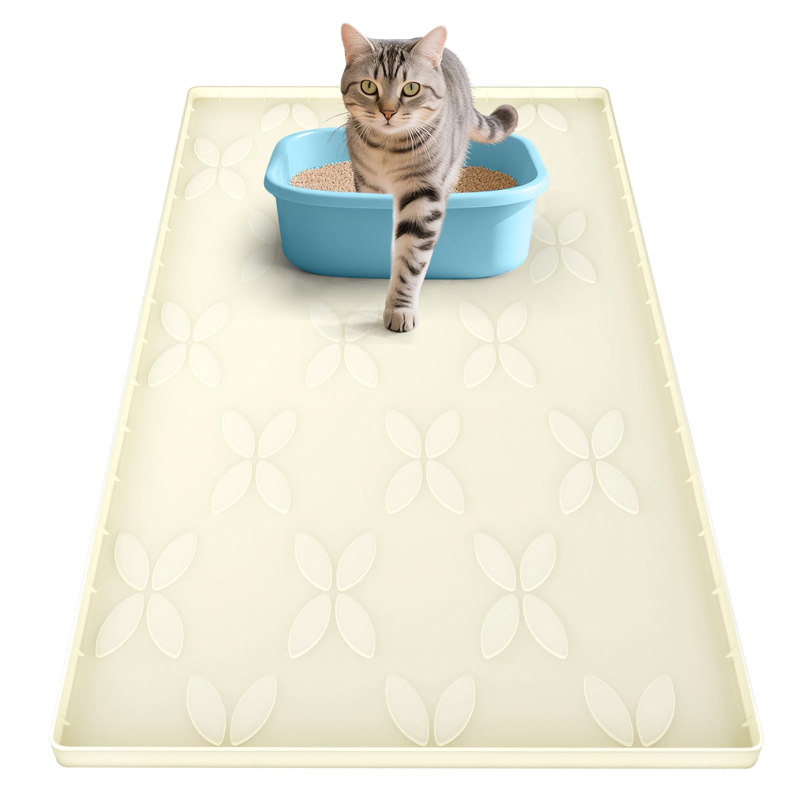 Cat Litter Mat, Large 34" x 22" Litter Box Mat, Waterproof Silicone Litter Mat for Litter Box, Non-Slip, Easy to Clean (Beige)