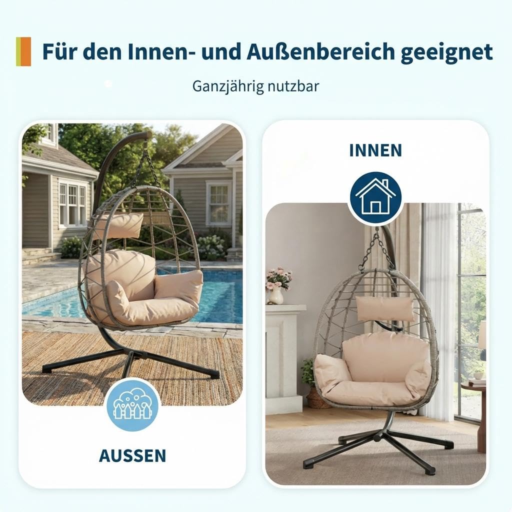 Garvee Hängesessel aus Rattan mit Metallgestell – klappbar, wetterfest, bis 150 kg belastbar, inkl. schwarzer Abdeckung – Outdoor & Indoor Ei-Schaukelstuhl für Garten, Balkon, Terrasse – Graues Rattan