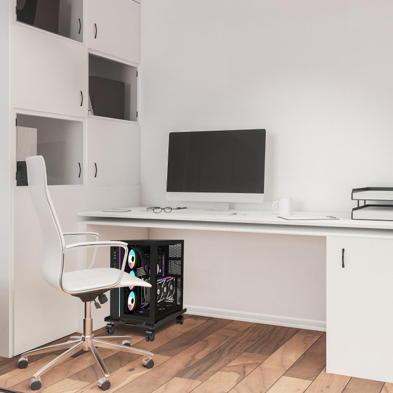 CPU Holder Cart, Supporto da Terra per CPU, Supporto per PC Case con 4 Rotelle Bloccabili Regolabile, Carrello PC per Computer Desktop PC Tower Nero ((49×19.5-25cm))