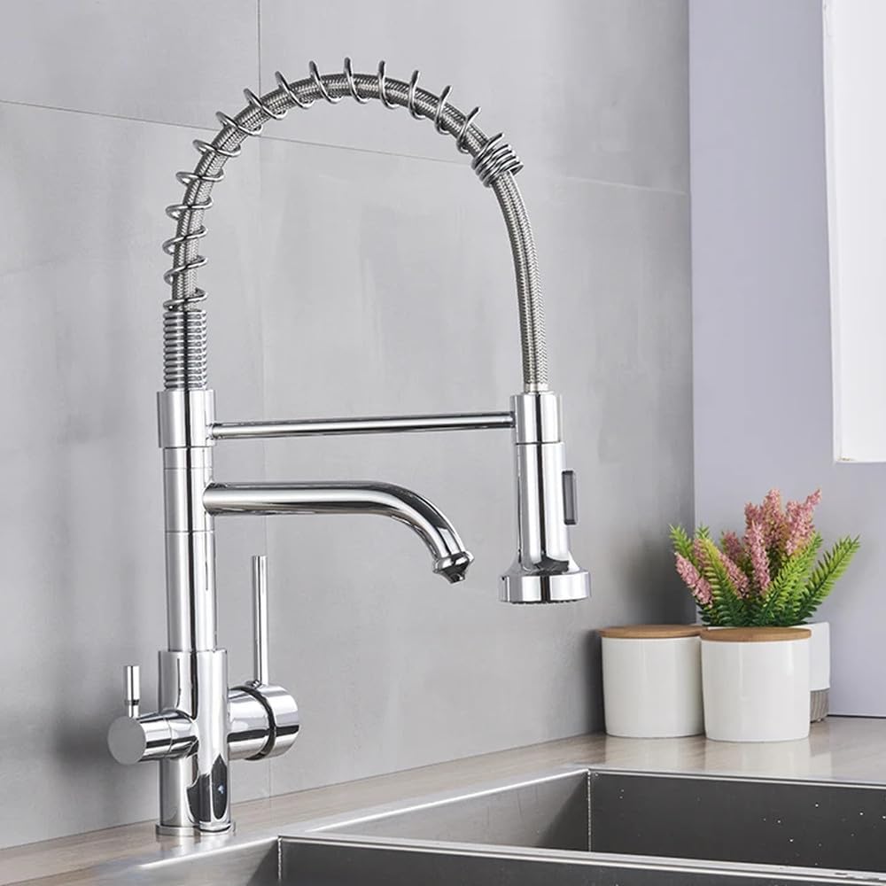 FCXWEVR Brushed Chrome Kitchen Faucet 360° Rotating Water Filter Tap with Dual Modes Hot/Cold Mixer Brass Construction for Easy Purification and Modern Design