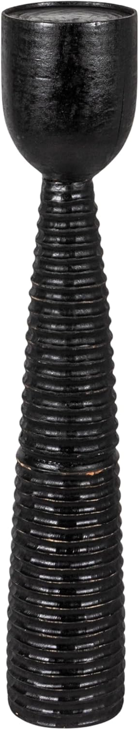 Bloomingville Round Hand-Carved Mango Wood Ribbed Candle Holder, Black (Holds 5 inches Pillar)