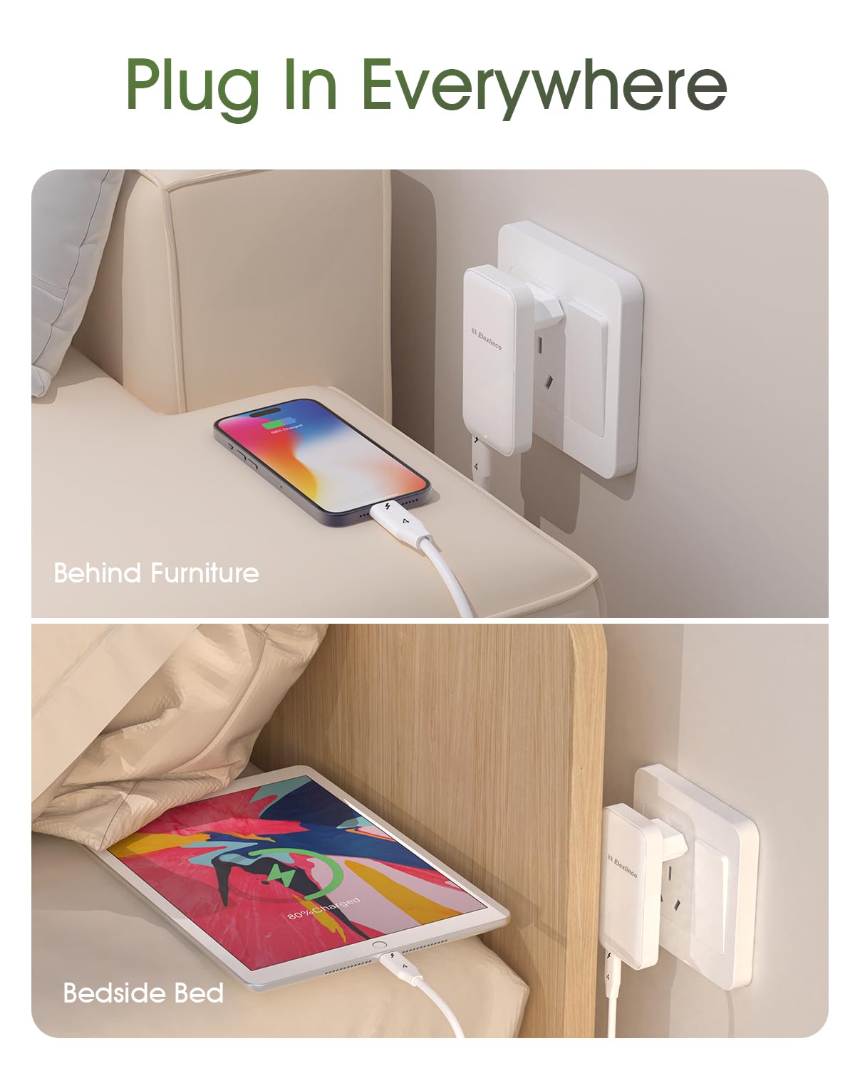 35W Caricatore USB C, Elexlinco 2 Porte Caricatore USB C da Muro, 35W GaN PD Power Delivery & 18W Quick Charge 3.0, Compatibile con iPhone15/14/13, Galaxy S23/S22, Smartwatch, iPad, Pixel, ecc（Bianco）