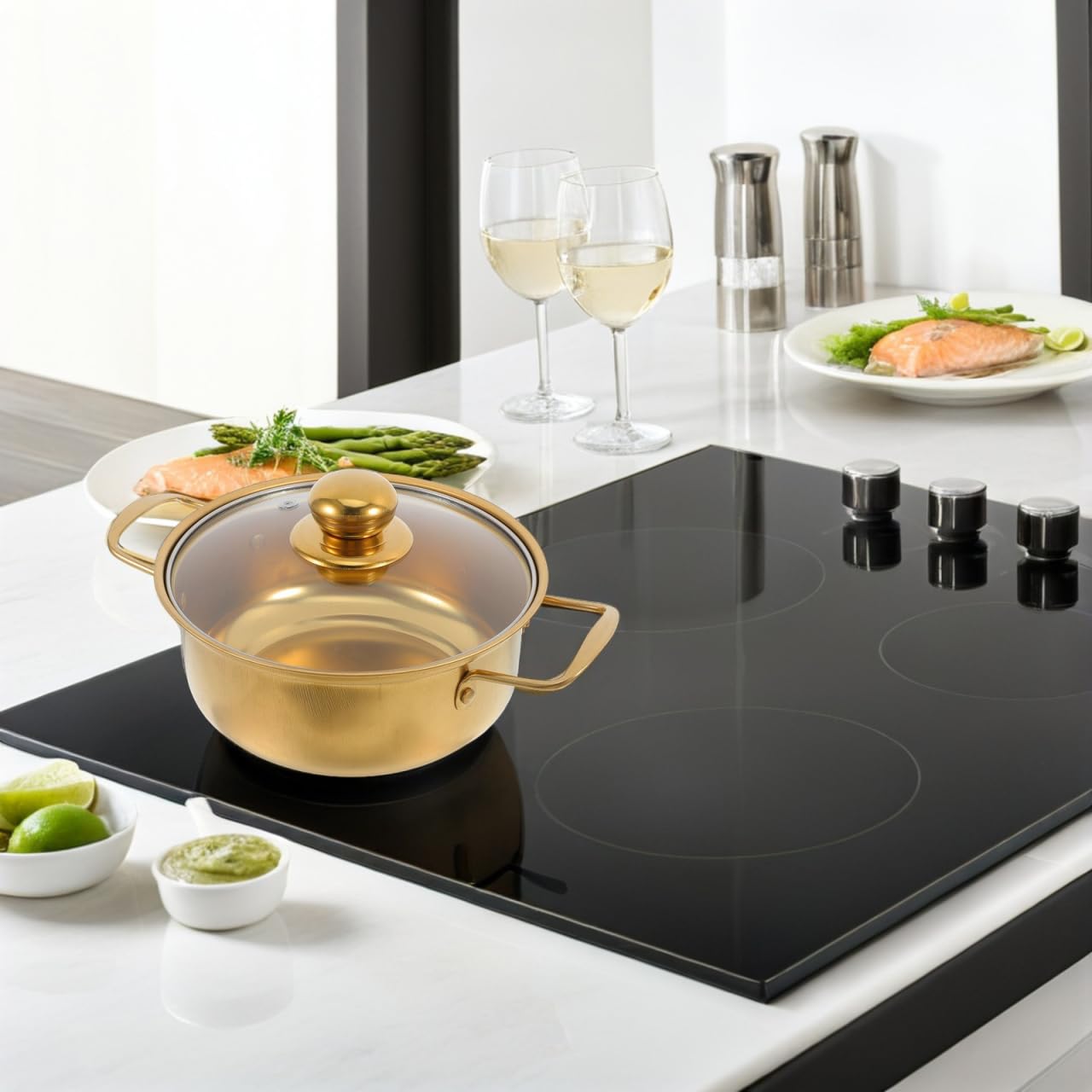 Luxshiny - Olla para sopa (acero inoxidable, con tapa de cristal, pequeña olla de doble asa, compatible con inducción rápida para fideos y sopas
