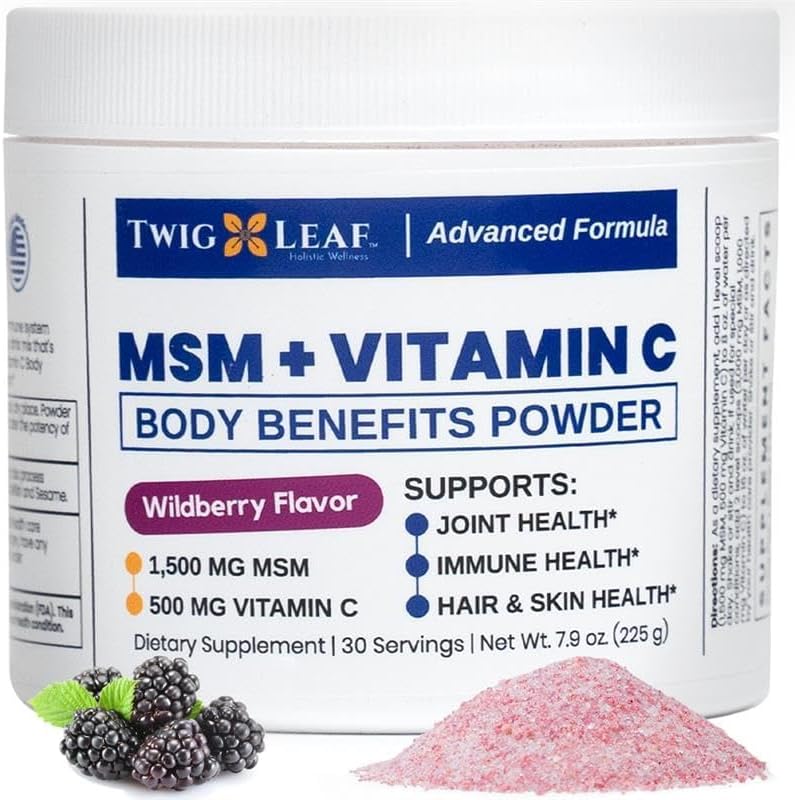 Twig & Leaf MSM + Vitamin C Powder – Wildberry Supplement for Hair, Nails & Joint Support – Non-GMO, Gluten Free – 30 Servings – 7.9 oz