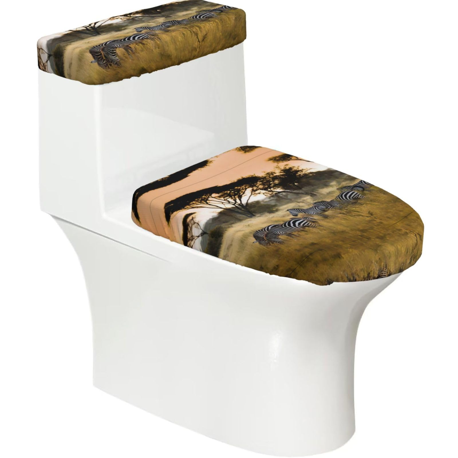 Africa Grassland Zebra 2-Piece Toilet Seat Cover Set with Tank Lid - Elastic for U-Shape & Elongated - Bathroom Decor