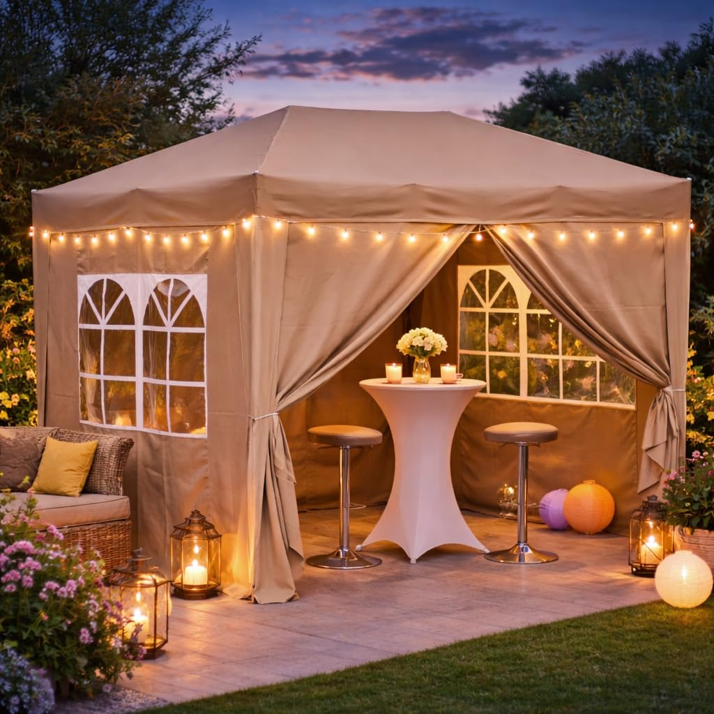 QUICK STAR Jardín Gazebo Plegable Pop-Up 2 x 3 m Beige Ahumado con 4 Paredes Laterales de Fastening fácil con 2 Cremalleras