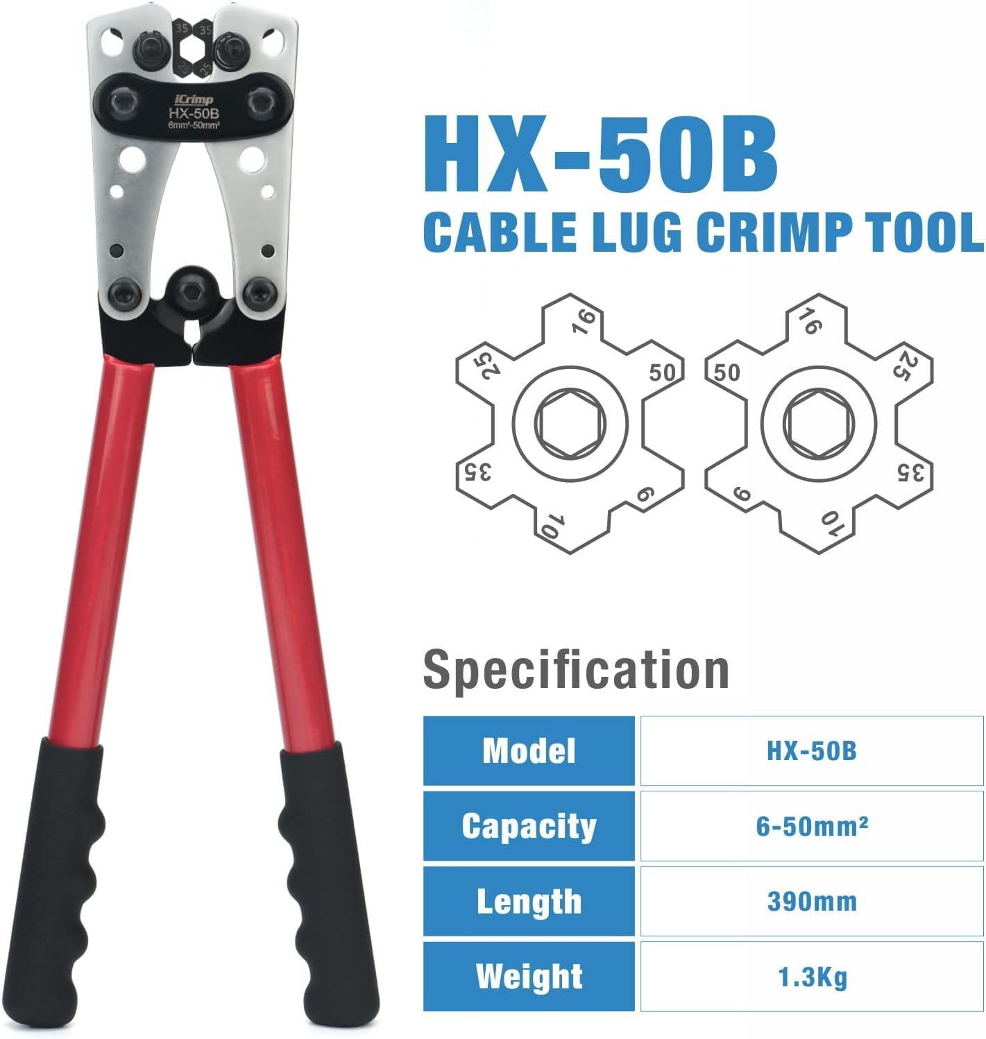 iCrimp zestaw narzędzi do zaciskania kabli akumulatorowych, wytrzymała zaciskarka do końcówek miedzianych 6-50 mm², zawiera obcinak do drutu do 70 mm² i nóż do ściągania izolacji w przenośnej walizce
