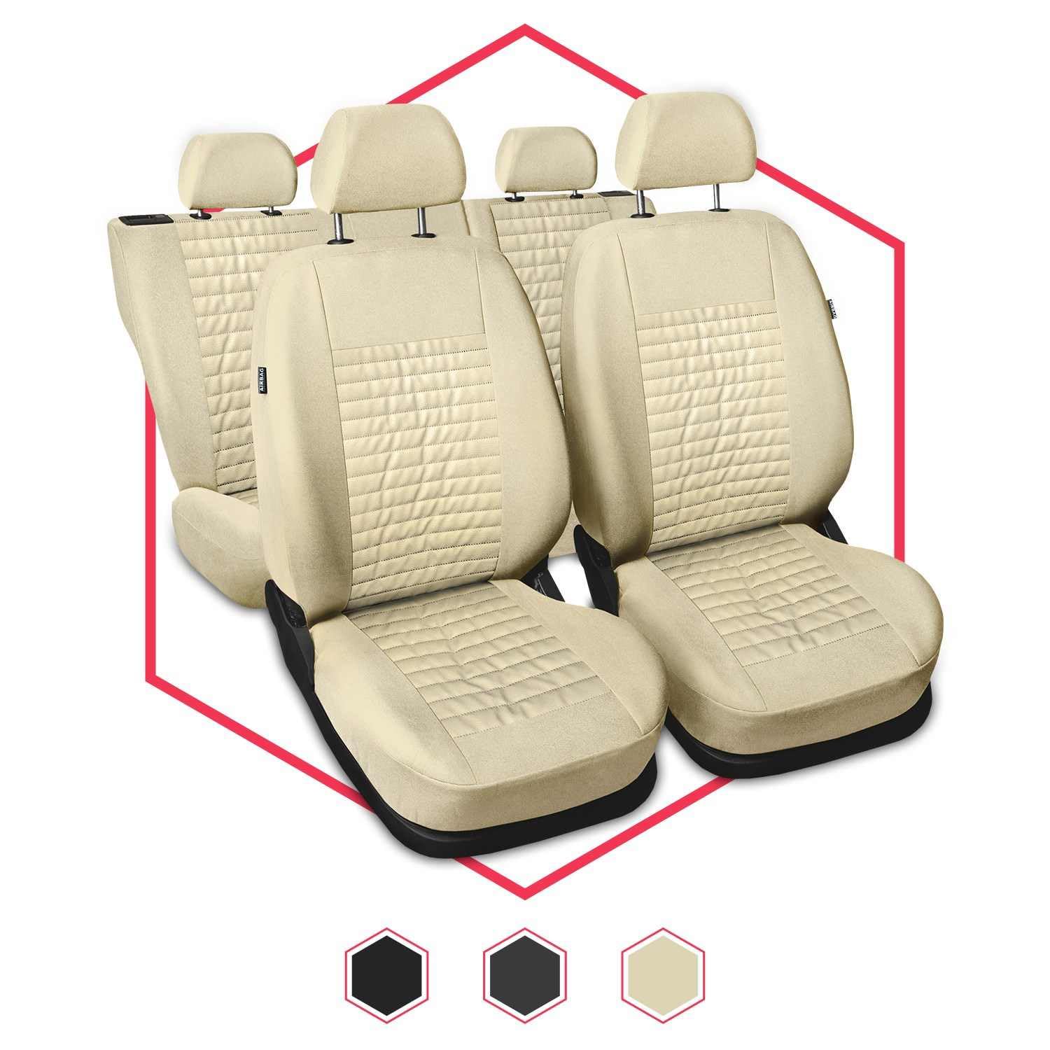 3er Set Autositzbezüge PKW universal | Auto Sitzbezüge Kunstleder Beige für Airbag geeignet | für Vordersitze und Rückbank | 1+1 Autositze vorne und 1 Sitzbank hinten teilbar Reißverschlüsse