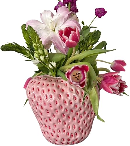 PeachiiPitt Jarrón de fresa rosa, jarrón único para decoración estética, decoraciones de fresa para cocina, estantería y centro de mesa auxiliar