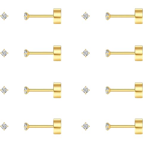 FOSIR 8 Pairs Tiny Flat Back Earrings for Women Men 14K Gold Plated Surgical Stainless Steel Stud Earrings Hypoallergenic Cubic Zirconia Studs Cartilage Earrings 2mm 3mm 4mm