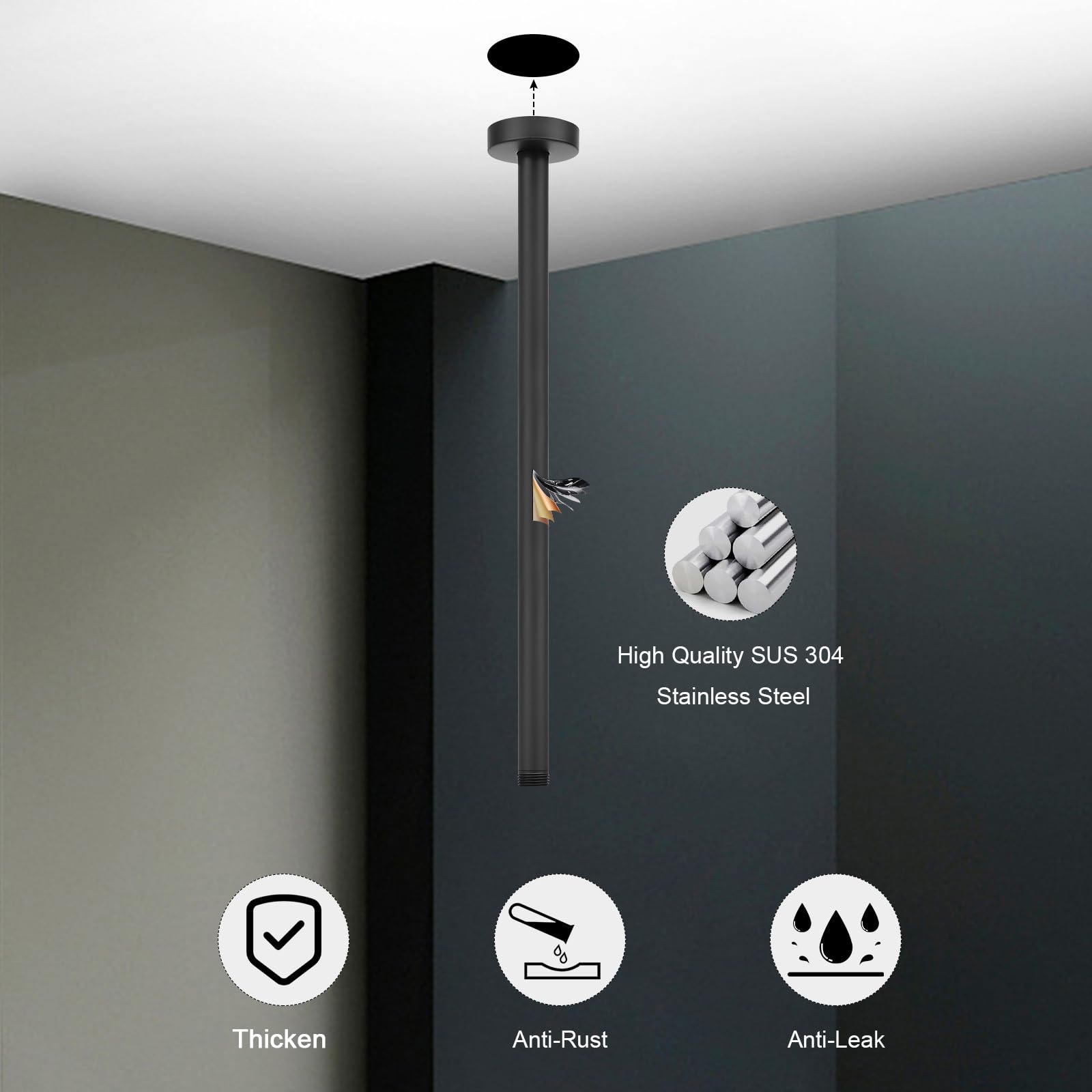 HarJue Extension De Pommeau De Douche U00e0 Effet Pluie, Avec Bride Et Ruban En Tu00e9flon, Fabriquu00e9 En Acier Inoxydable U00e9pais Pour Douche U00e0 Effet Pluie (50,8 Cm, Noir Mat