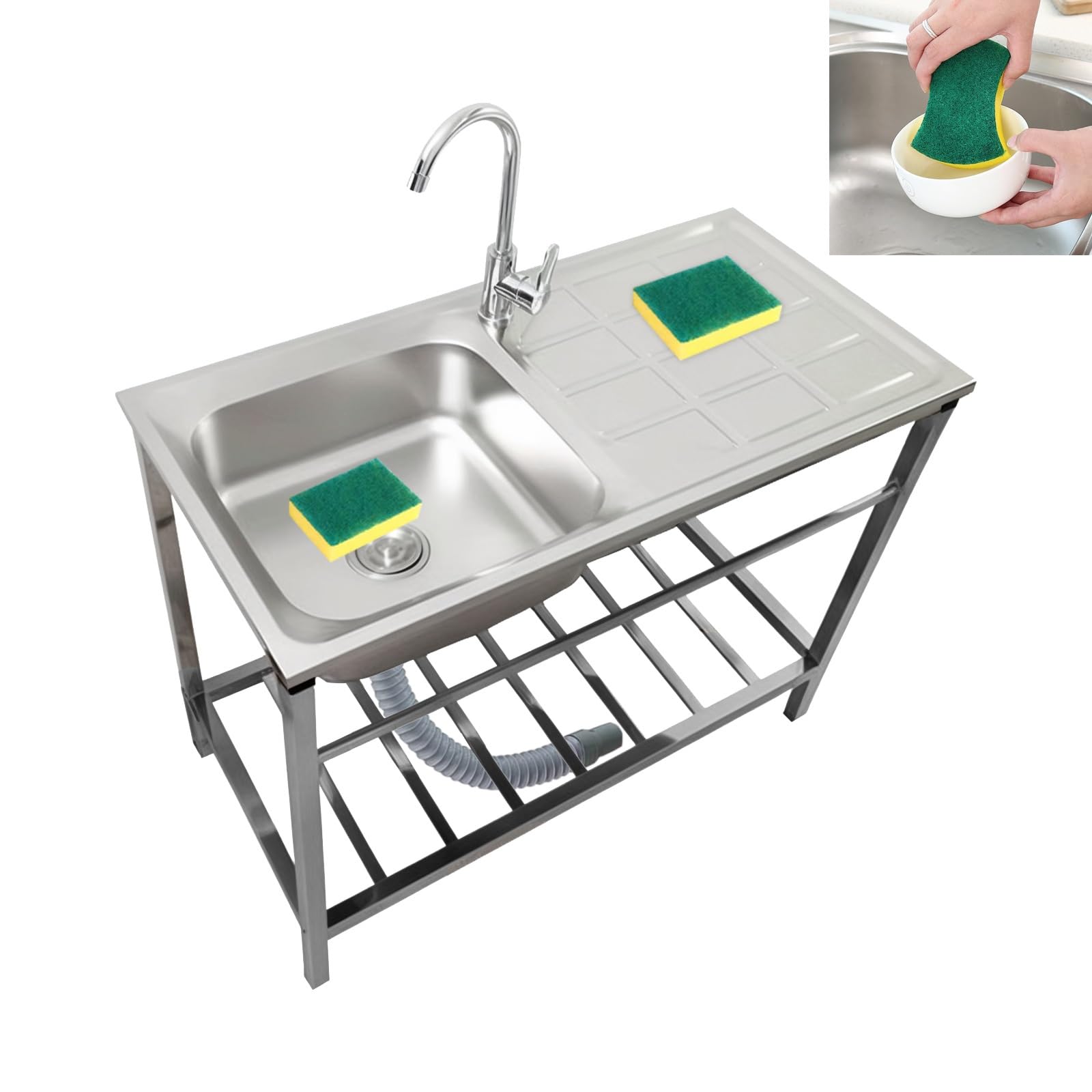 Evier Exterieur De Jardin Evier Cuisine Inox Sur Pied avec Robinet Et étagères De Rangement Evier De Restaurant Commercial Pour Garage/Appartement/Sous-Sol/Boutique Facile à Nettoyer(75x40xH75cm)