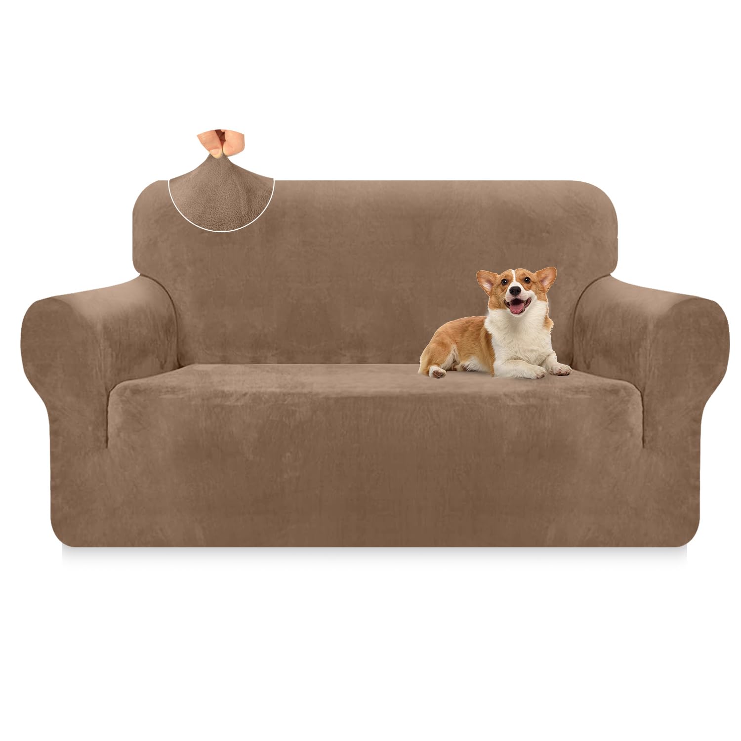 Granbest Luxury Thick Velvet Sofa Cover 2 Seater High Stretch Couch Cover Ski-friendly 4 Seasons Universal Sofa Protector for Pets and Kids (2 Seater, Camel) — image 1