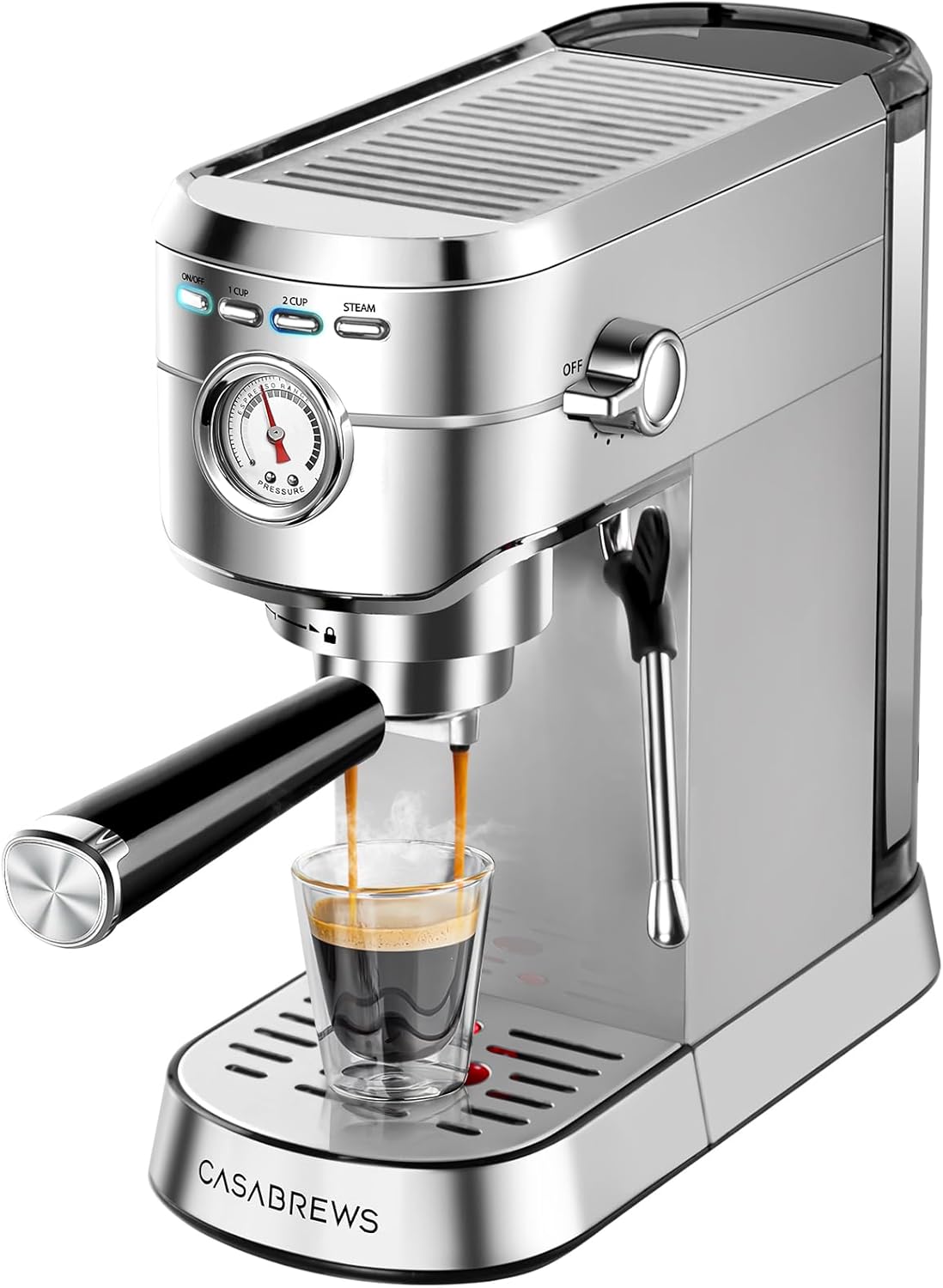 CASABREWS CM5418 Espresso Machine 20 Bar, Compact Espresso Maker with Steam Milk Frother, Stainless Steel Coffee Machine with 34oz Removable Water Tank for Cappuccino, Latte, Silver A-Silver Button