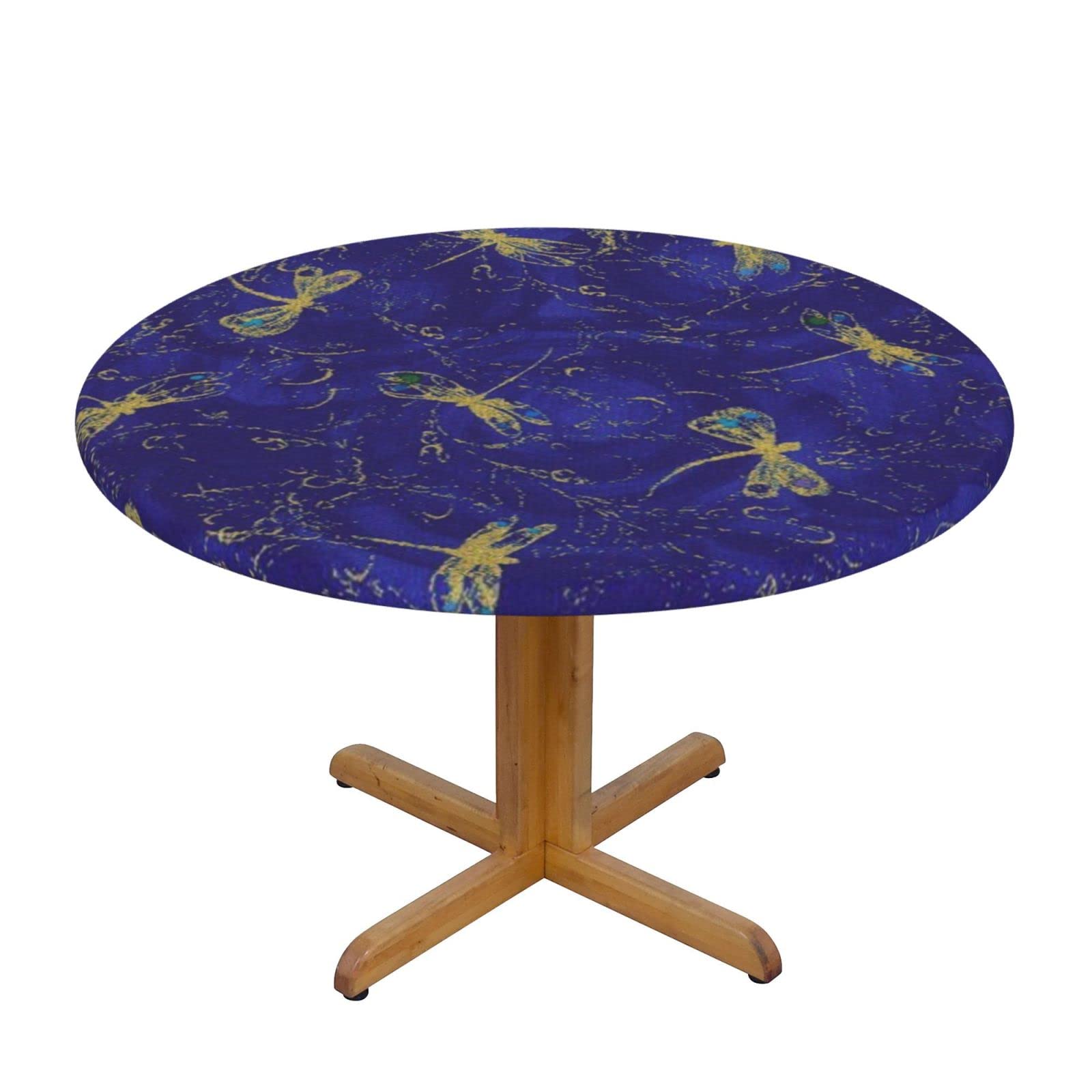 Lsjuee Round Fitted Tablecloth 45-50in Elastic Edged Table Cloth for Kitchen Dining Party Home Decor - Vintage Golden Dragonfly Purple