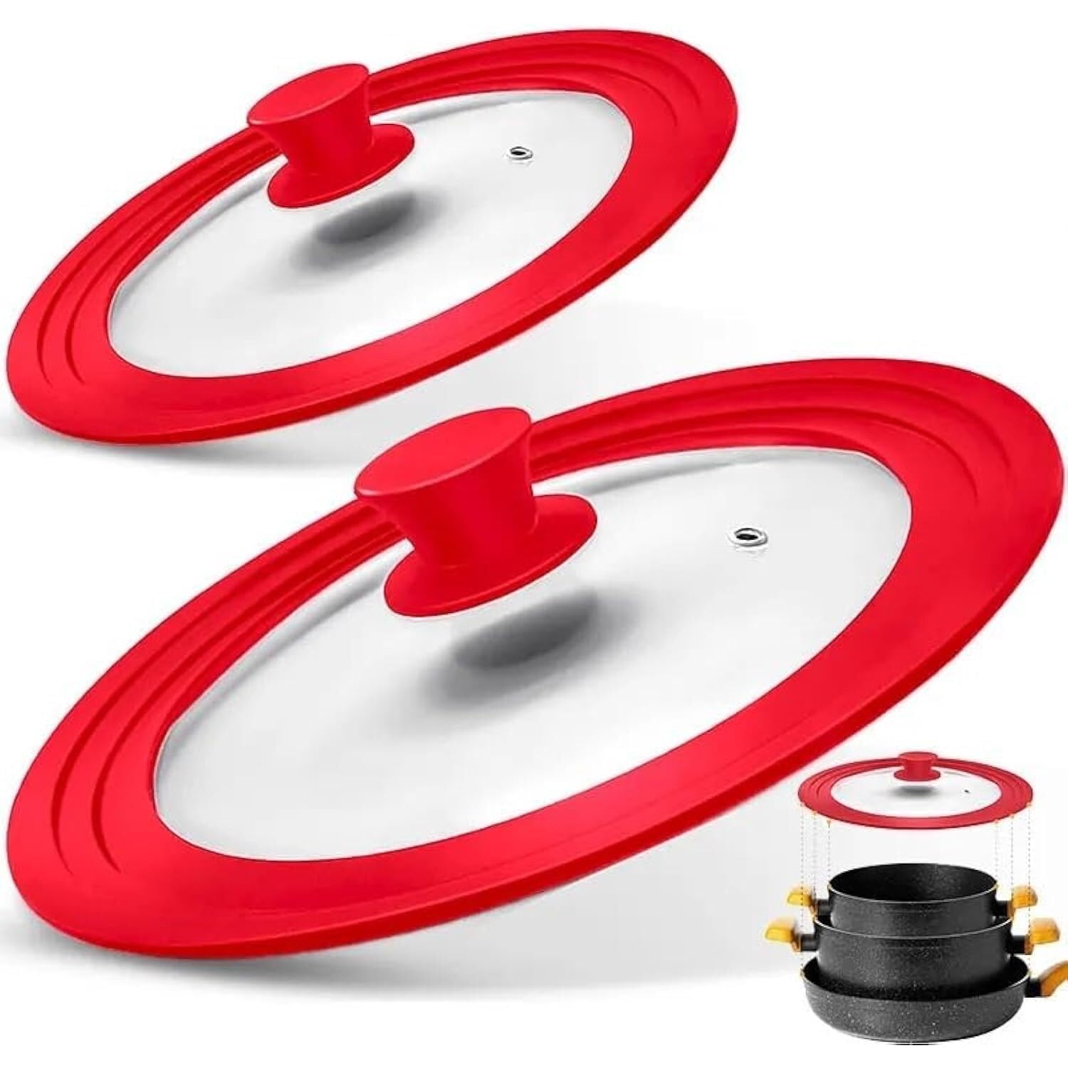Topfdeckel Pfannendeckel, Bratpfannendeckel, multifunktionaler Topfdeckel aus gehärtetem Glas, Silikon, dampfsicher, Pfannenabdeckung(Red 24-26-28cm)