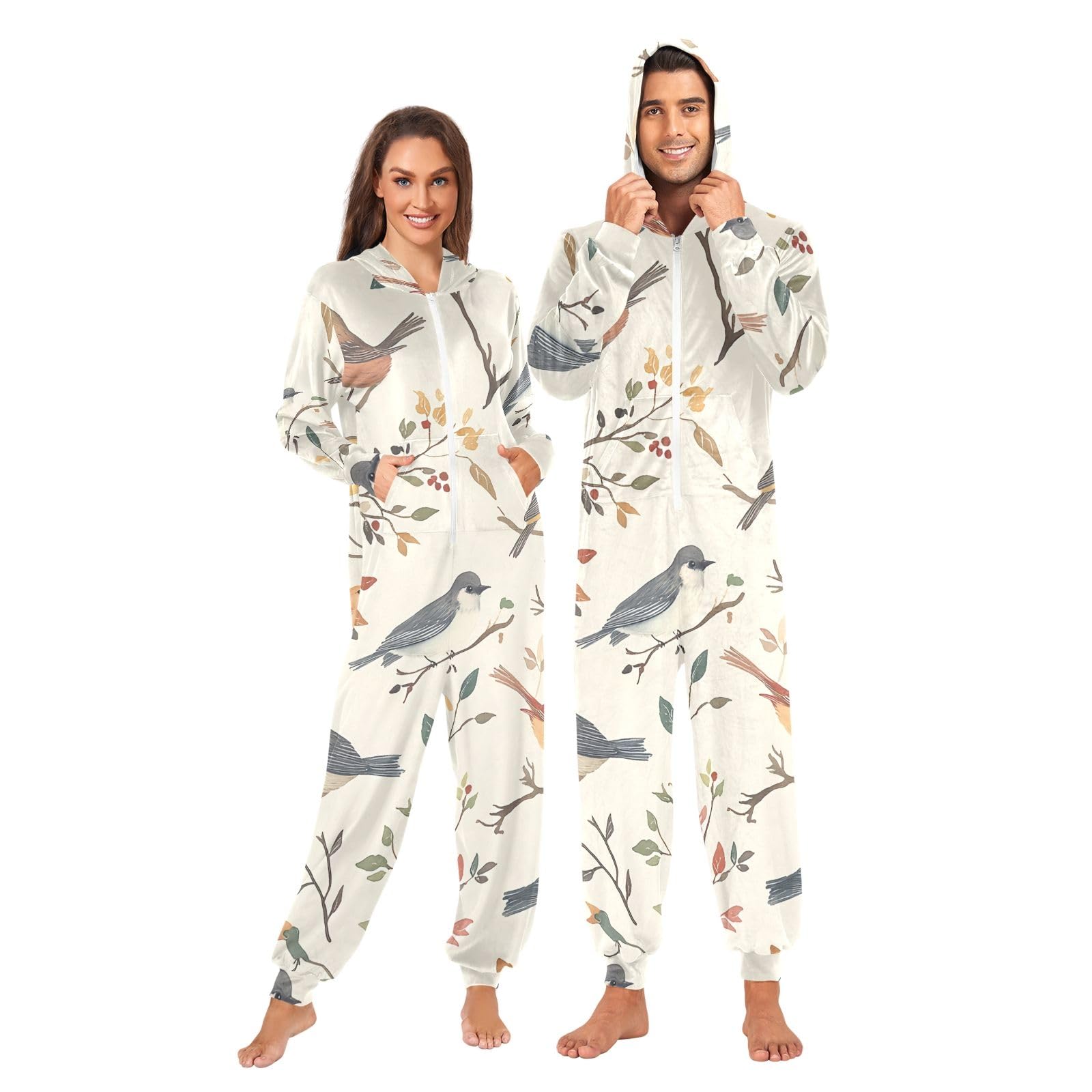 Pigiama intero natalizio con foglie e uccelli colorati, con cappuccio e cerniera, in pile, per donne e uomini, XL