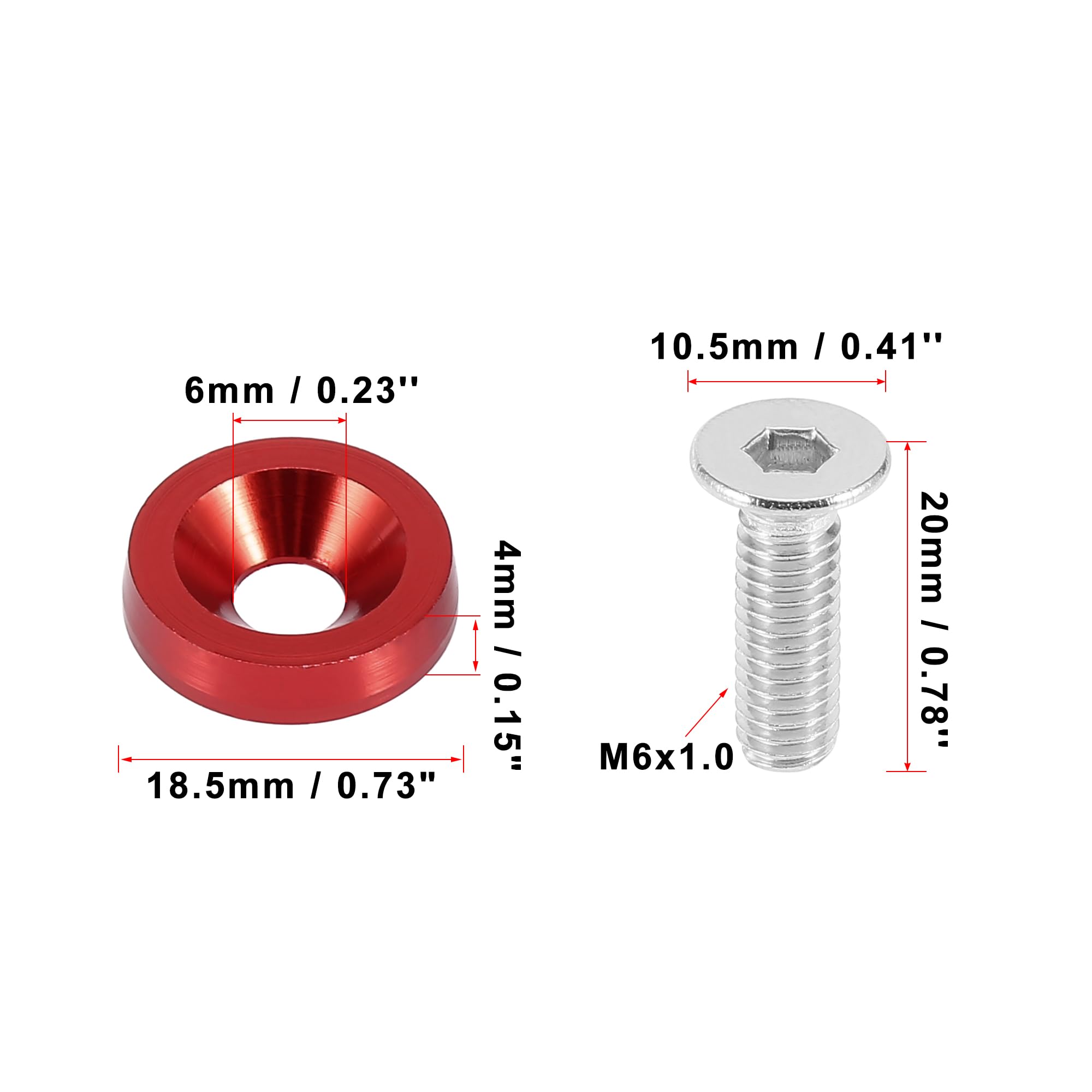 Kit 20 Boulons M6 Rouge Foncé Avec Rondelles - Pour Moto & Voiture, Pare-chocs, Plaque D’Immatriculation - 14