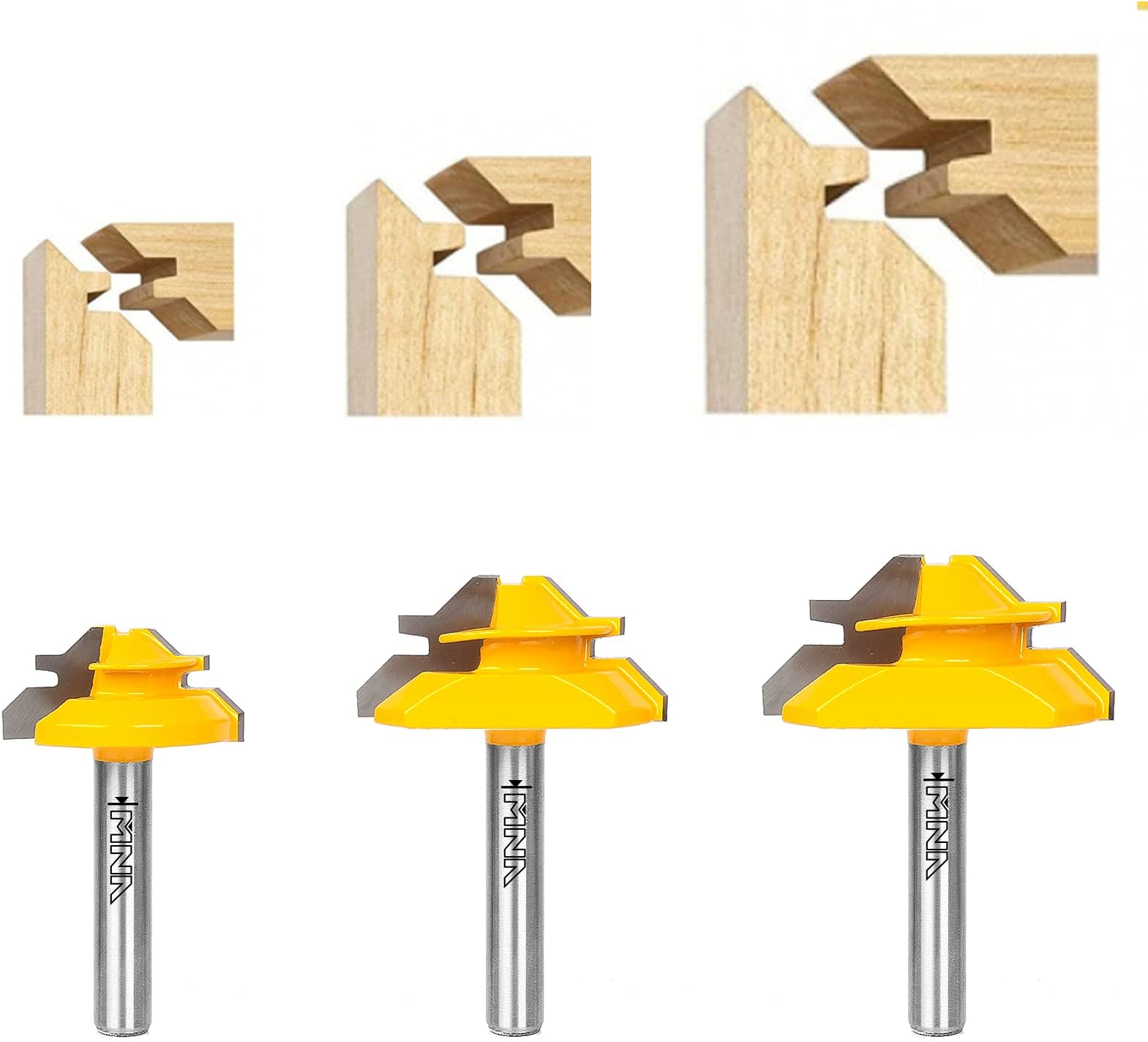 MNA 45 Degree Lock Miter Router Bit 3-Piece Set, for 1/2”, 5/8”, 3/4” Cutting Height, 1/4 Inch Shank. Easy to Create Lock Miter Joint