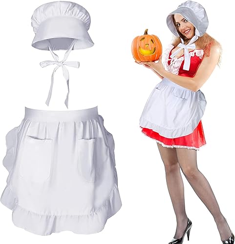 SATINIOR Disfraz de peregrina de Halloween para mujer, delantal retro de cintura blanca con bolsillos para recuerdos de fiesta de Navidad