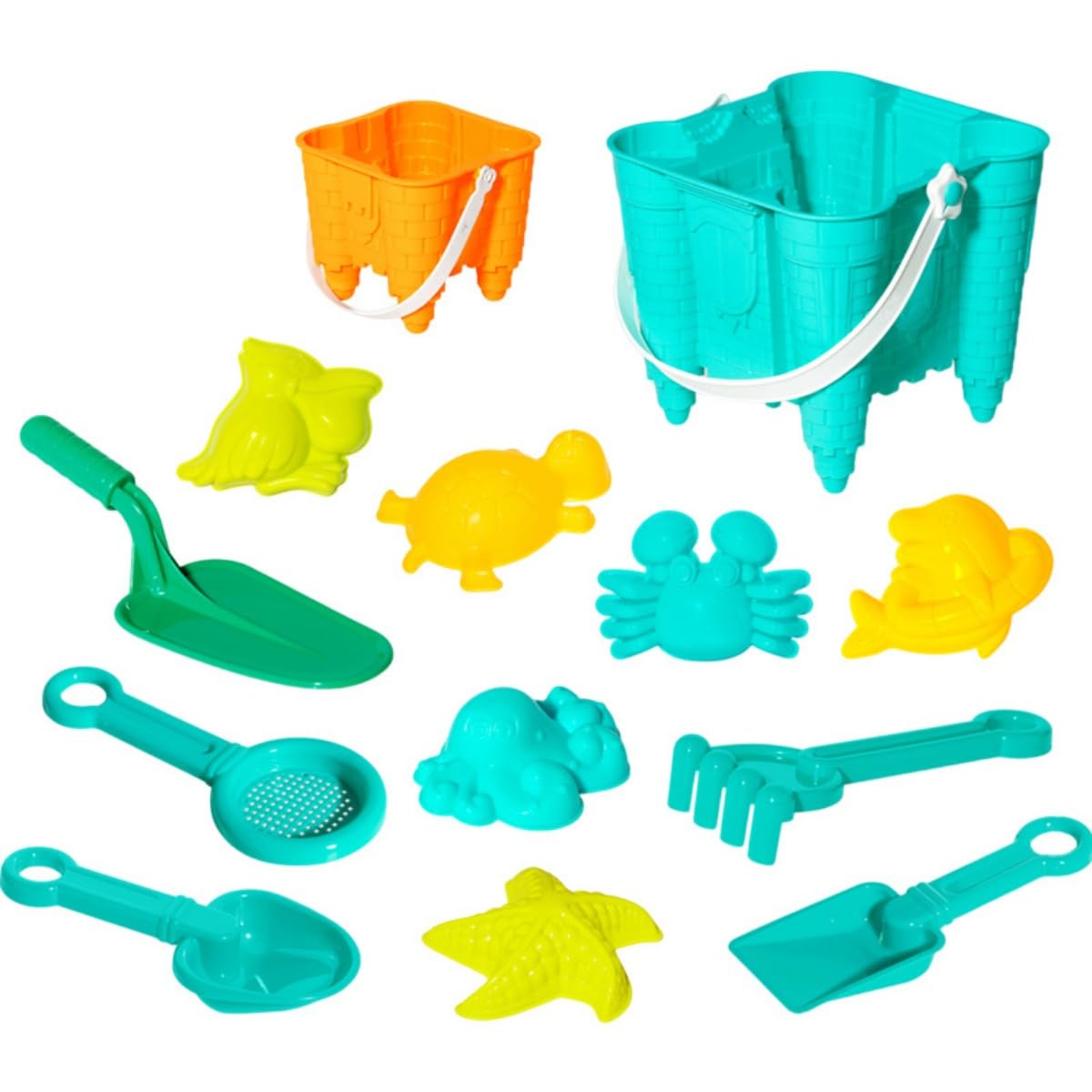 13 Pcs Kids Beach Sand Toy Set, Portable Travel Beach Toys, Castle Sand Buckets, Shovel Rake Sieve & Sea Animal Sand Moulds, Summer Seaside Garden Backyard Sandpit Play Equipment