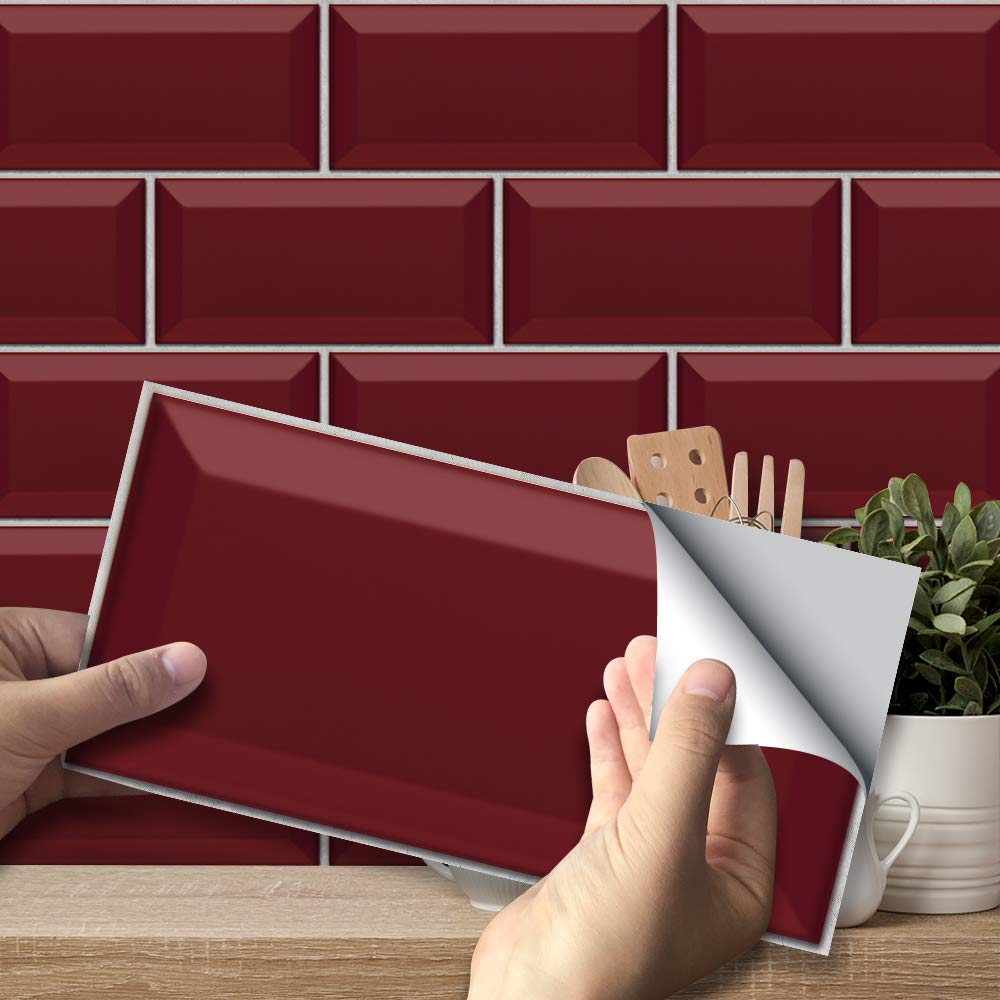 Funlife Red 27Pcs Tile Stickers Peel And Stick Self-Adhesive Vinyl Splashback Kitchen Decor Ruby Colour, 20X10cm