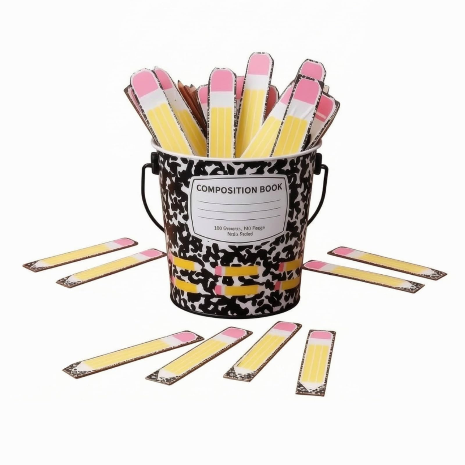 Etichette Scrivibili Ordinato, Stile Artistico, Modello 121 Set Di Etichette Personalizzabili Per Nome Con Contenitore Metallico E Adesivi, Motivo Scolastico In Bianco E Nero Con Dettagli Colorati.
