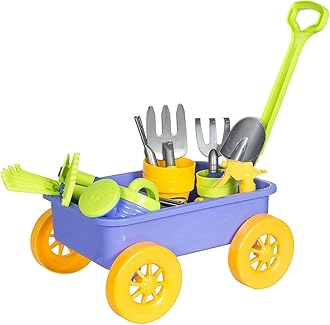 deAO Pull along Kids Wagon Wheelbarrow and Gardening Tools Play Set Includes 10 Accessories and 4 Plant Pots