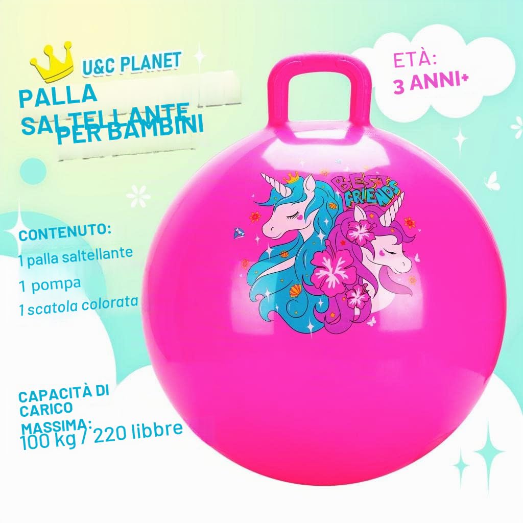 U&C Planet 45CM Pallone da Salto per Bambini 3-8 Anni Supporta Fino a 100 kg Design Antiscivolo con Pompa Palla da Salto in PVC per Interni ed Esterni
