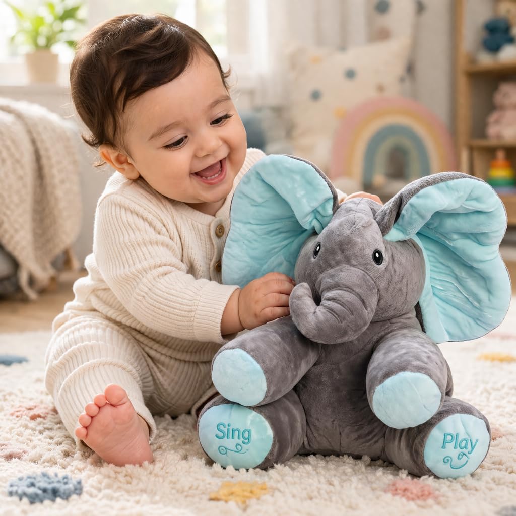 Monex Musical Elephant Plush Toy for Babies & Kids | Peek a Boo Elephant Toy with Flappy Ears | Soft Stuffed Animal Interactive Toy for Toddlers, Infants & Gift Purpose (Blue)