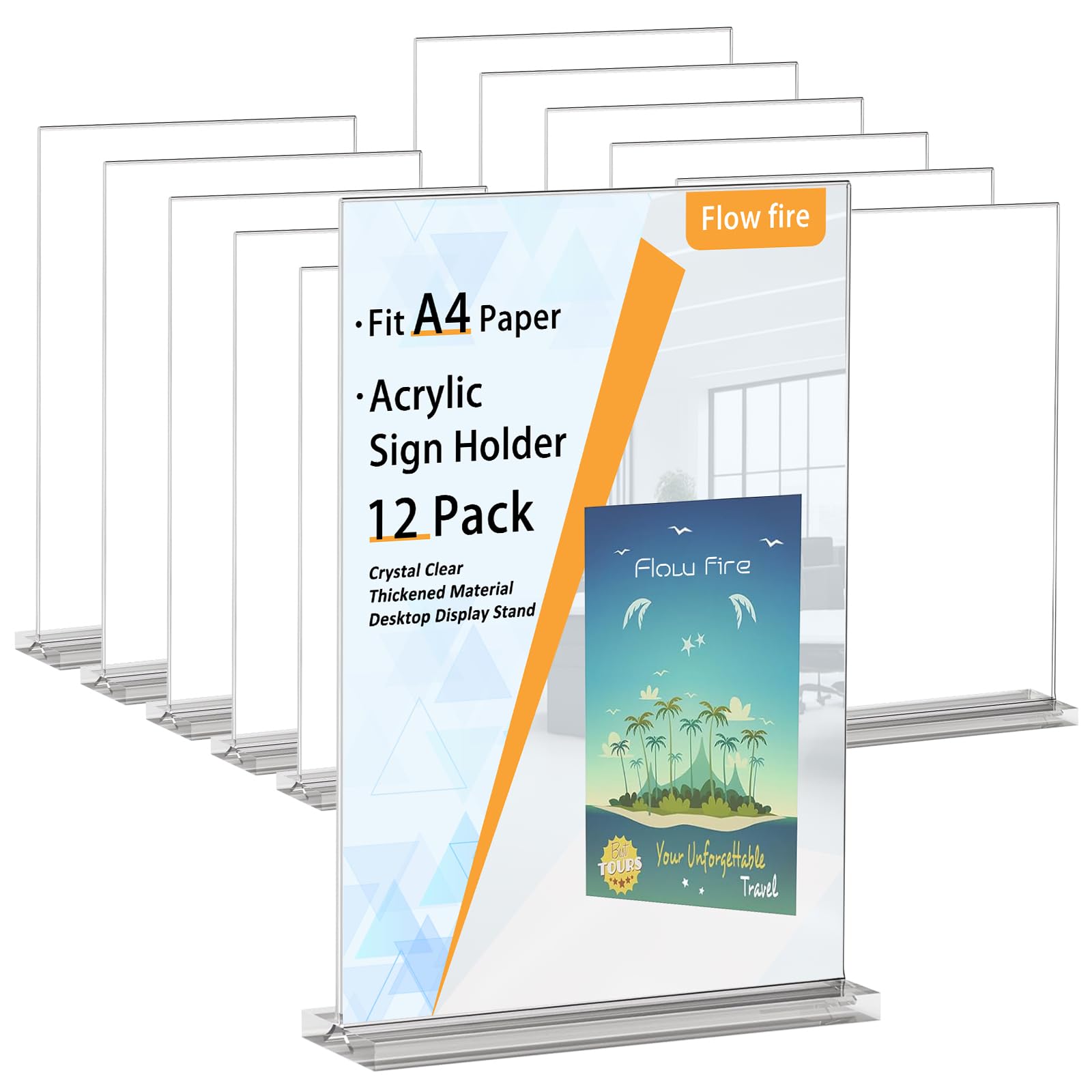 Flow fire A4 Acrylic Sign Holder, 12 Pack T-Shape Clear Perspex A4 Display Stand for Menu, Poster, Office, Store, Restaurant