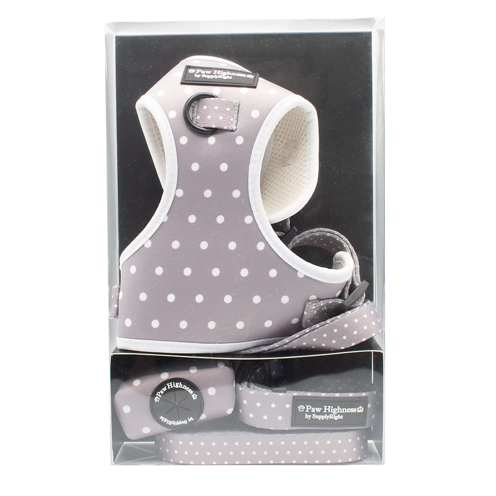 Paw Highness Dog Walking Harness, Collar, Leash & Poo Bag Holder Set in Grey Polka Dot Small - Image 3