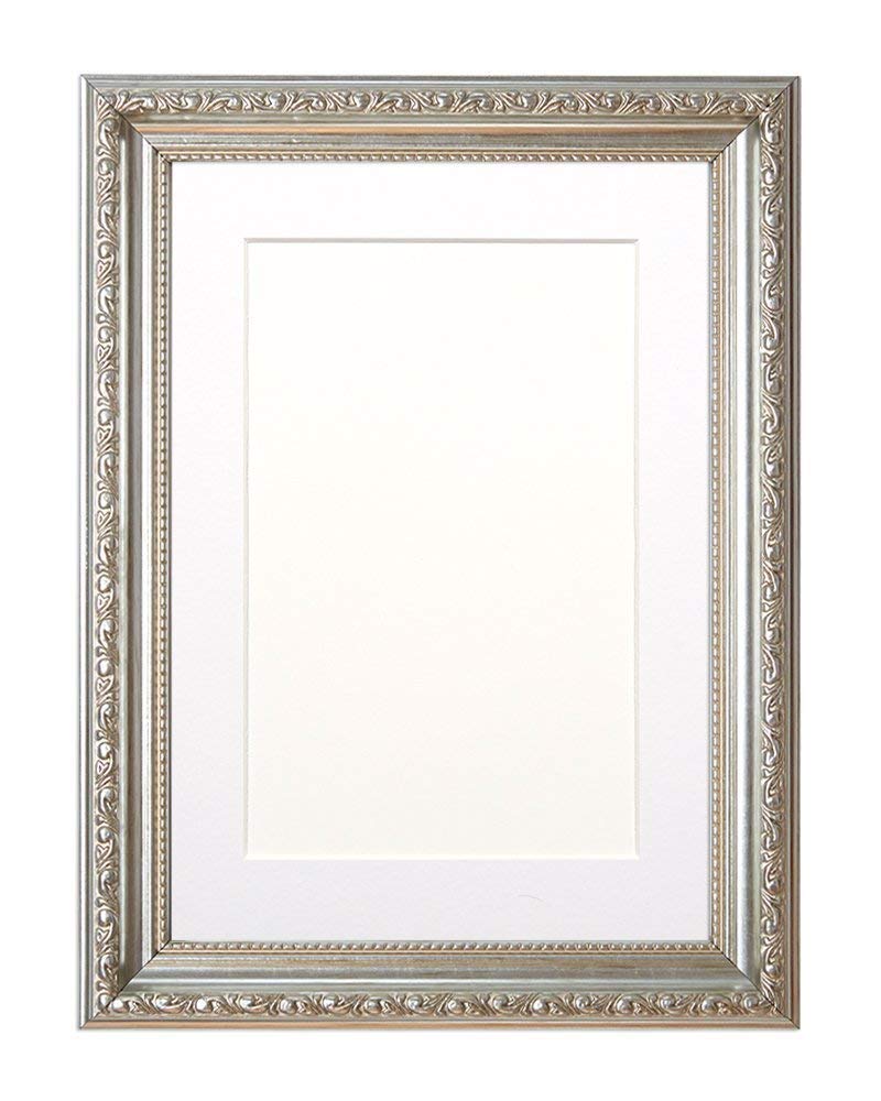 Ornate Shabby Chic Picture/Photo/Poster frame - With an MDF backing board – Silver Frame with White Mount- A2 for A3 picture