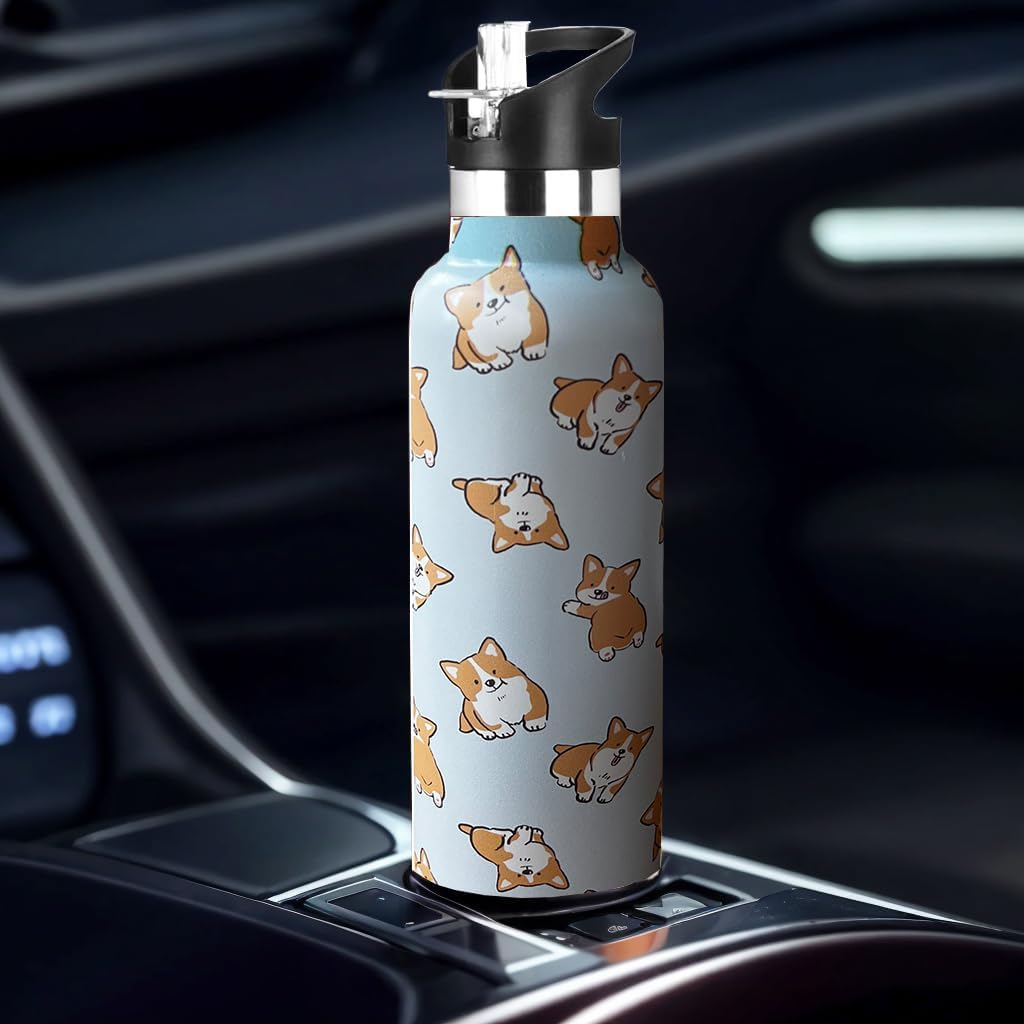 Corgi Dog Water Bottle Adult Kids With Straw Lid Insulated Stainless Steel Travel Mugs for Sport Gym Outdoor 20oz - Image 3