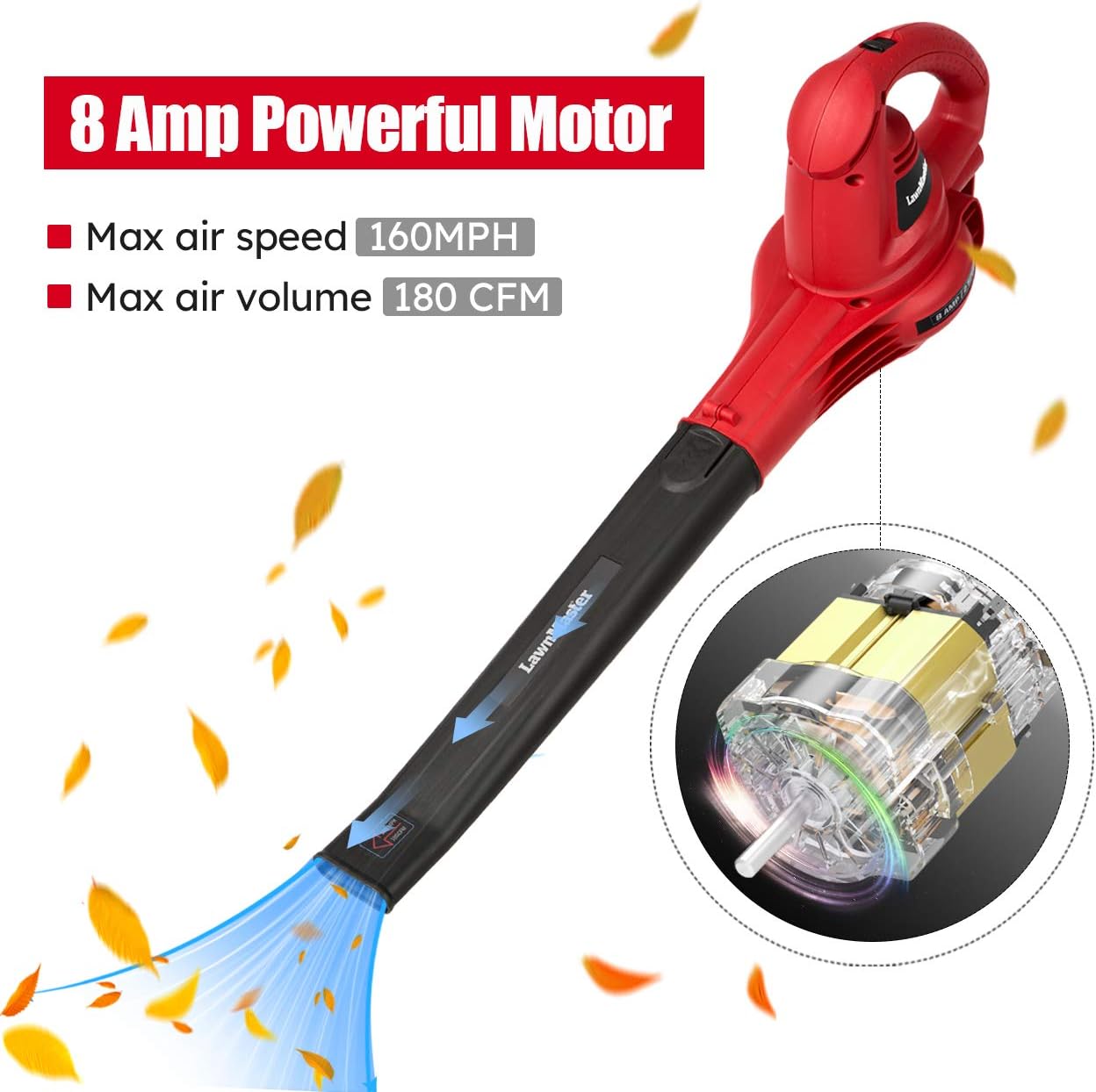 LawnMaster Red Edition BL805E 1201 Electric Leaf Blower 8 Amp 2-Speed 160 MPH & 180 CFM