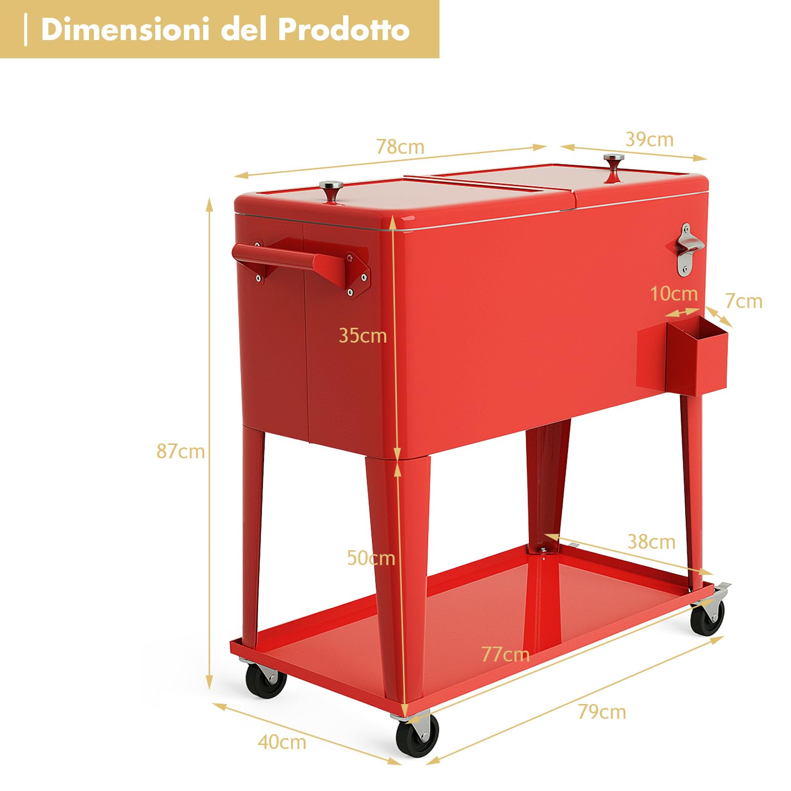 COSTWAY Carrello Portabevande da Giardino 76L Mantiene Freddo e Caldo con Ruote Rosso