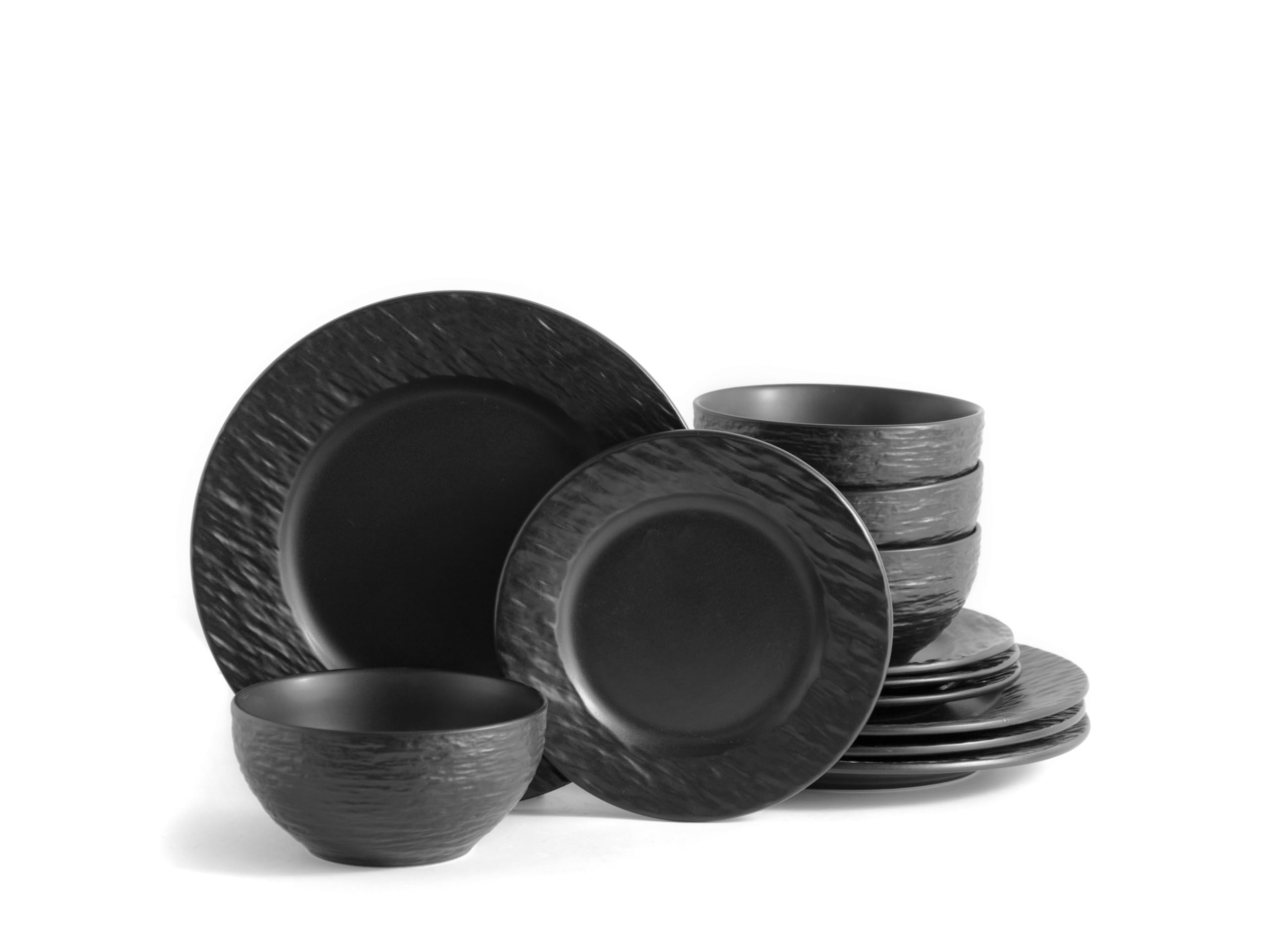ECHTWERK servizio da tavola 12 pezzi "New Modern", per 4 persone, effetto ardesia, in gres, 4 piatti piani, 4 piattini, 4 ciotole, nero