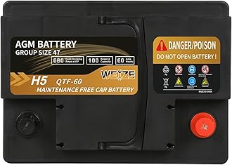 Weize Platinum AGM Battery BCI Group 47-12v 60ah H5 Size 47 Automotive Battery, 100RC, 680CCA, 36 Months Warranty, Dimensions 9.52" L x 6.89" W x 7.48" H