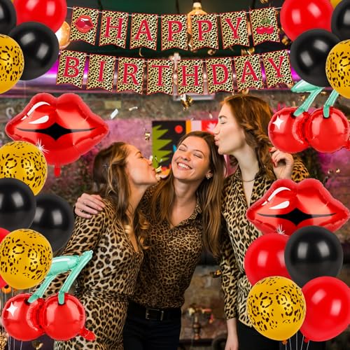 Image of Hooqict Cheetah Prints Birthday Decorations Cherry Leopard Birthday Banner with Balloons for Girls Women Red Black Cheetah and Cherry Party Decorations