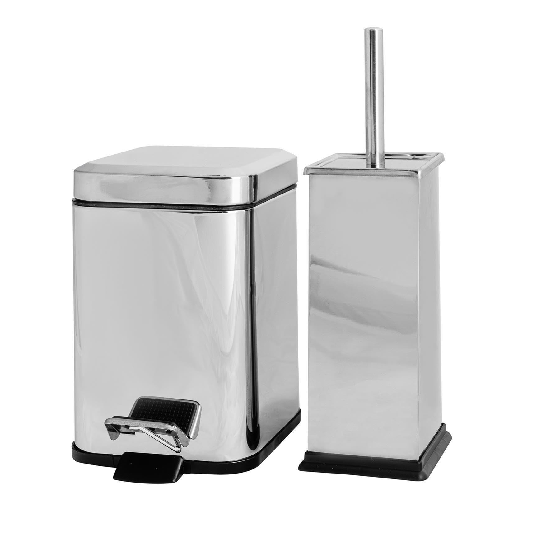 Harbour Housewares Square Toilet Brush & Bin Set - Stainless Steel/Plastic - Metallic Silver