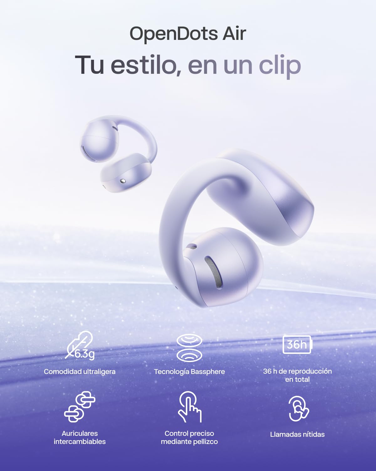 SHOKZ Auriculares Open-Ear Clip-on OpenDots Air, Ligero de 6,3 g, Morado | con Graves Profundos | 36 h de batería | Bluetooth 6.1 | reducción de Ruido con IA | Resistencia al Agua IP55 | Ajuste Seguro
