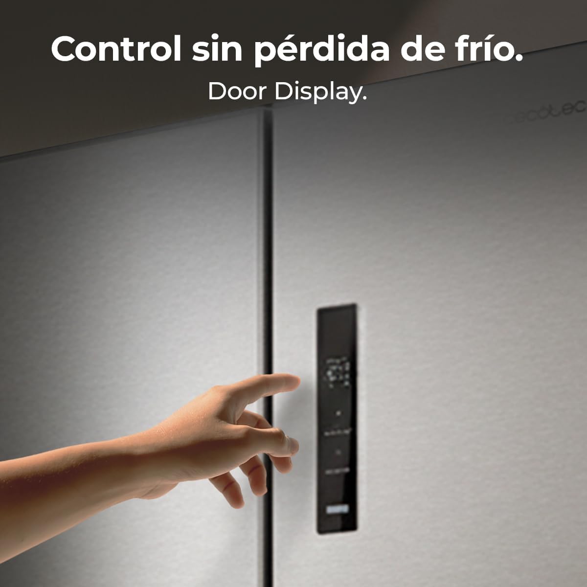 Close-up of a hand interacting with the digital control panel on the refrigerator door.
