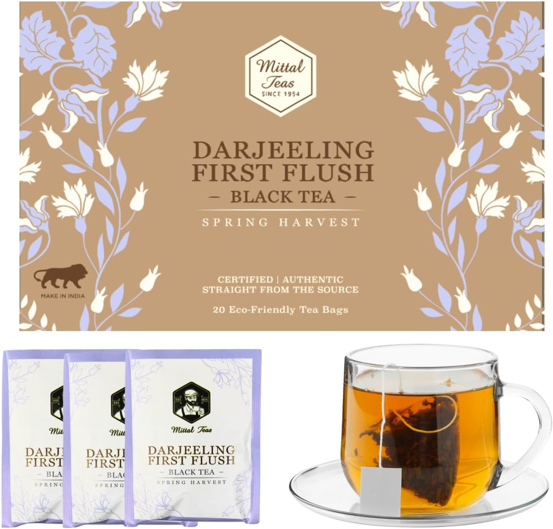 Darjeeling First Flush Tea | Spring Harvest Whole Leaf Tea | Delicate, Floral & Aromatic | Light-Bodied Premium Loose Leaf | Fresh Tea Bags | 20 Pcs